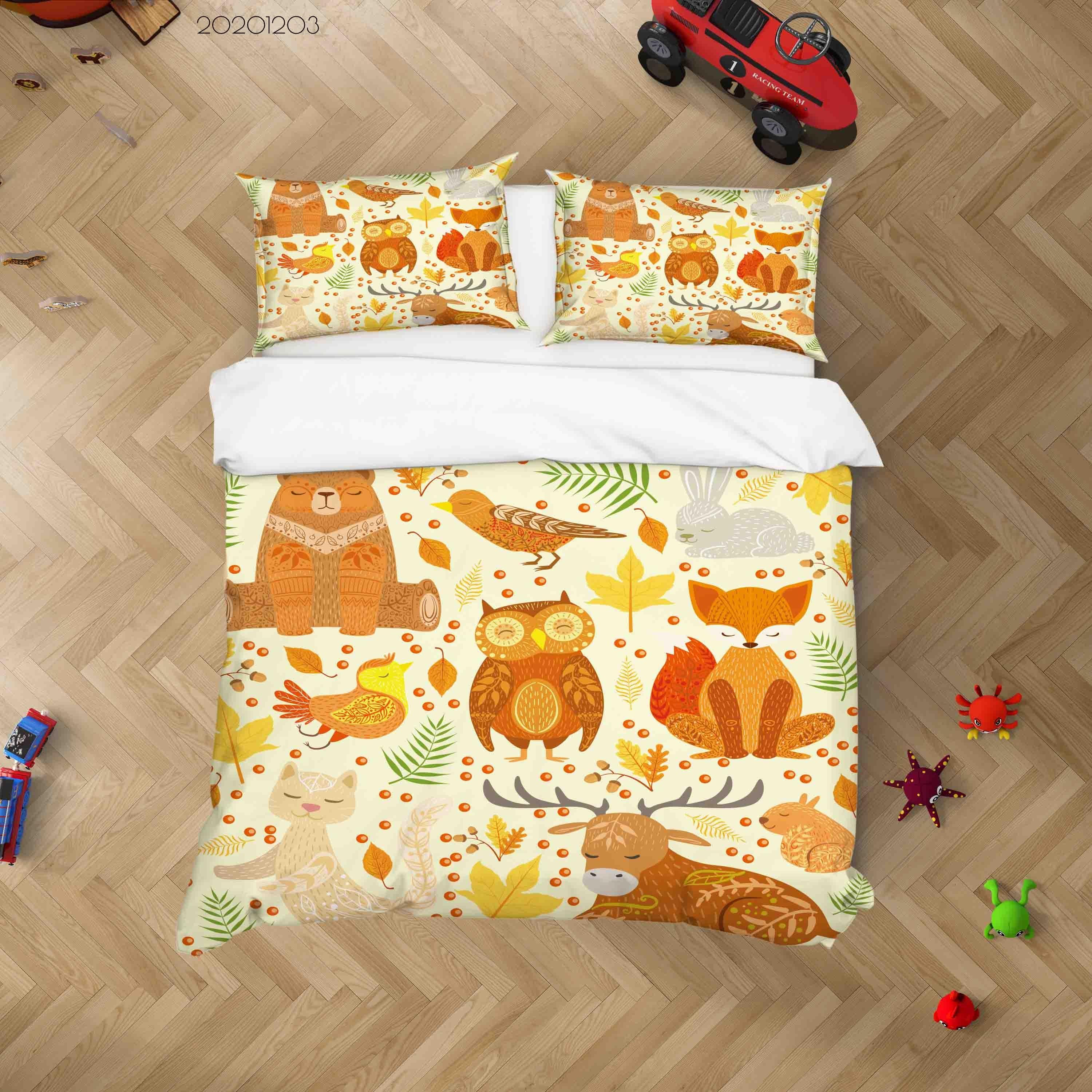 3D Cartoon Hand Drawn Colorful Owl Bear Bird Cat Animal Plant Quilt Cover Set Bedding Set Duvet Cover Pillowcases LXL- Jess Art Decoration