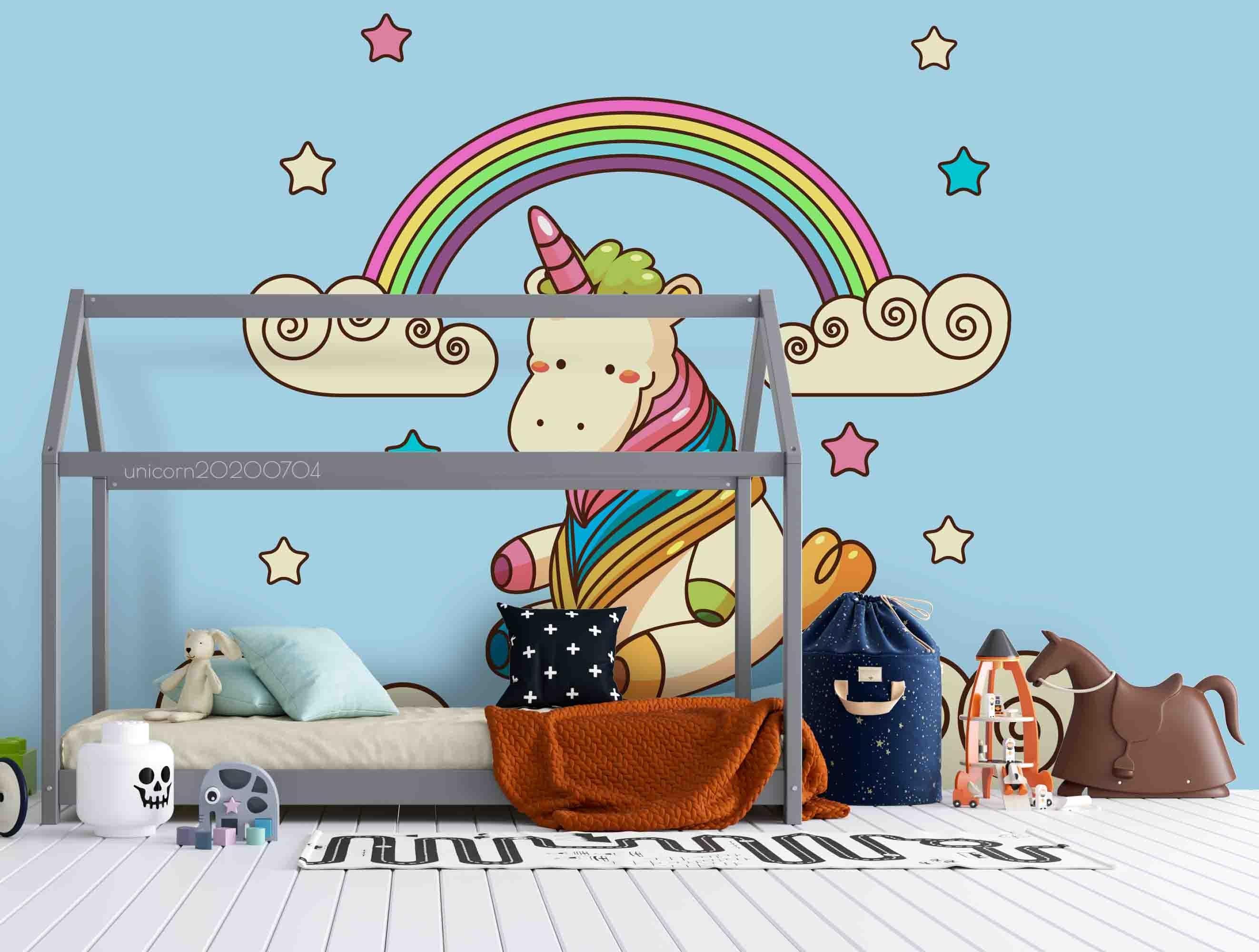 3D Blue Rainbow Sky Cloud Unicorn Wall Mural Wallpaper A222 LQH- Jess Art Decoration