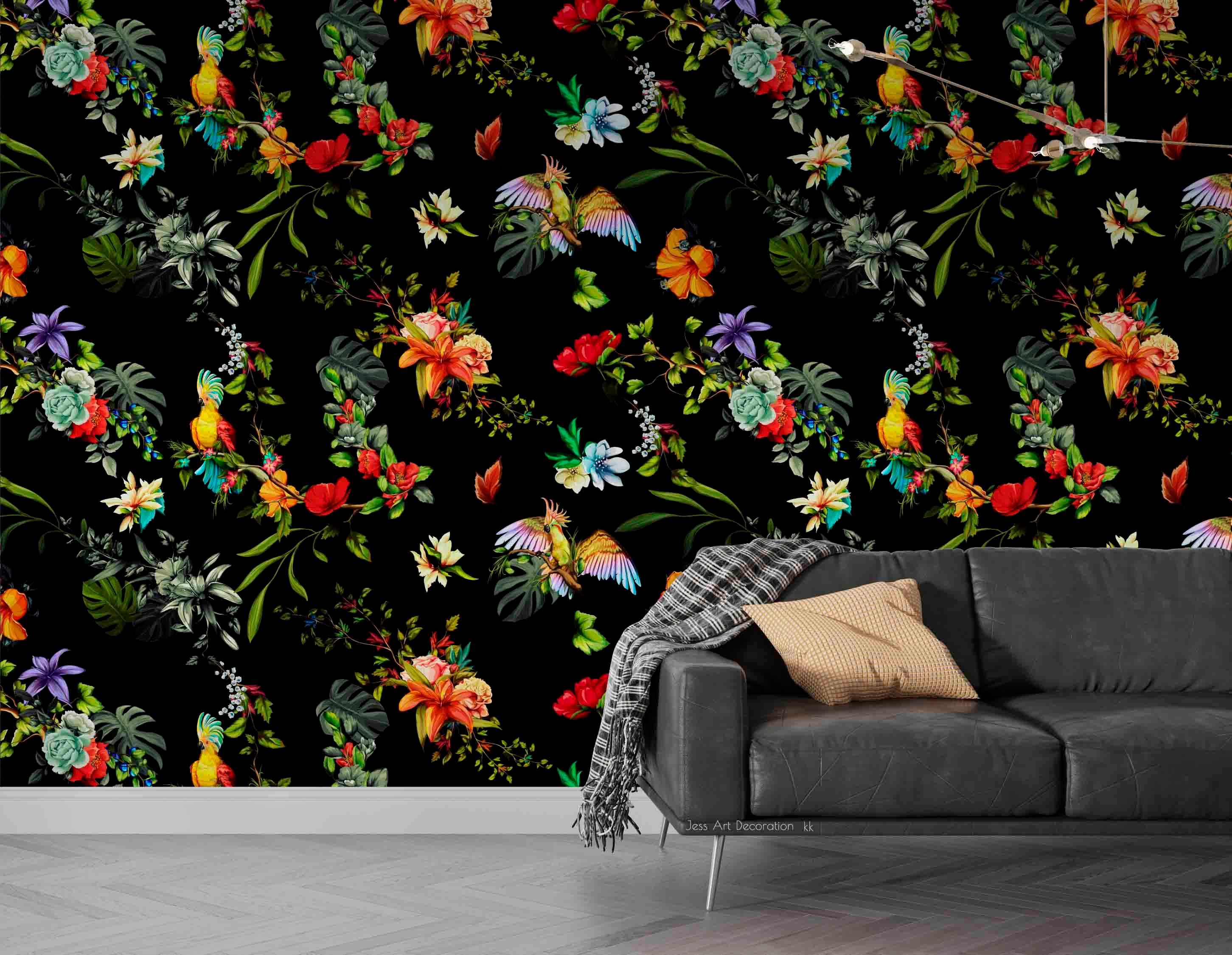3D Vintage Pastoral Plants Flowers Black Background Wall Mural Wallpaper GD 3623- Jess Art Decoration