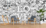 3D Black White Graffiti Art Cartoon Character Love Wall Mural Wallpaper ZY D20- Jess Art Decoration
