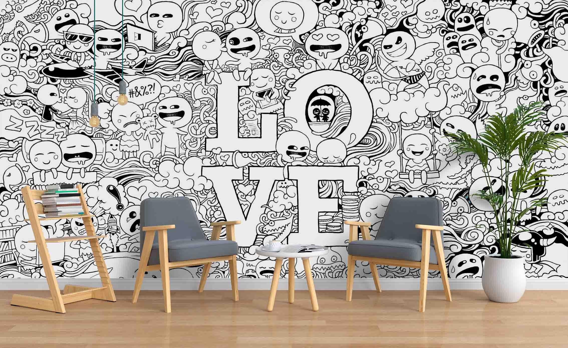 3D Black White Graffiti Art Cartoon Character Love Wall Mural Wallpaper ZY D20- Jess Art Decoration
