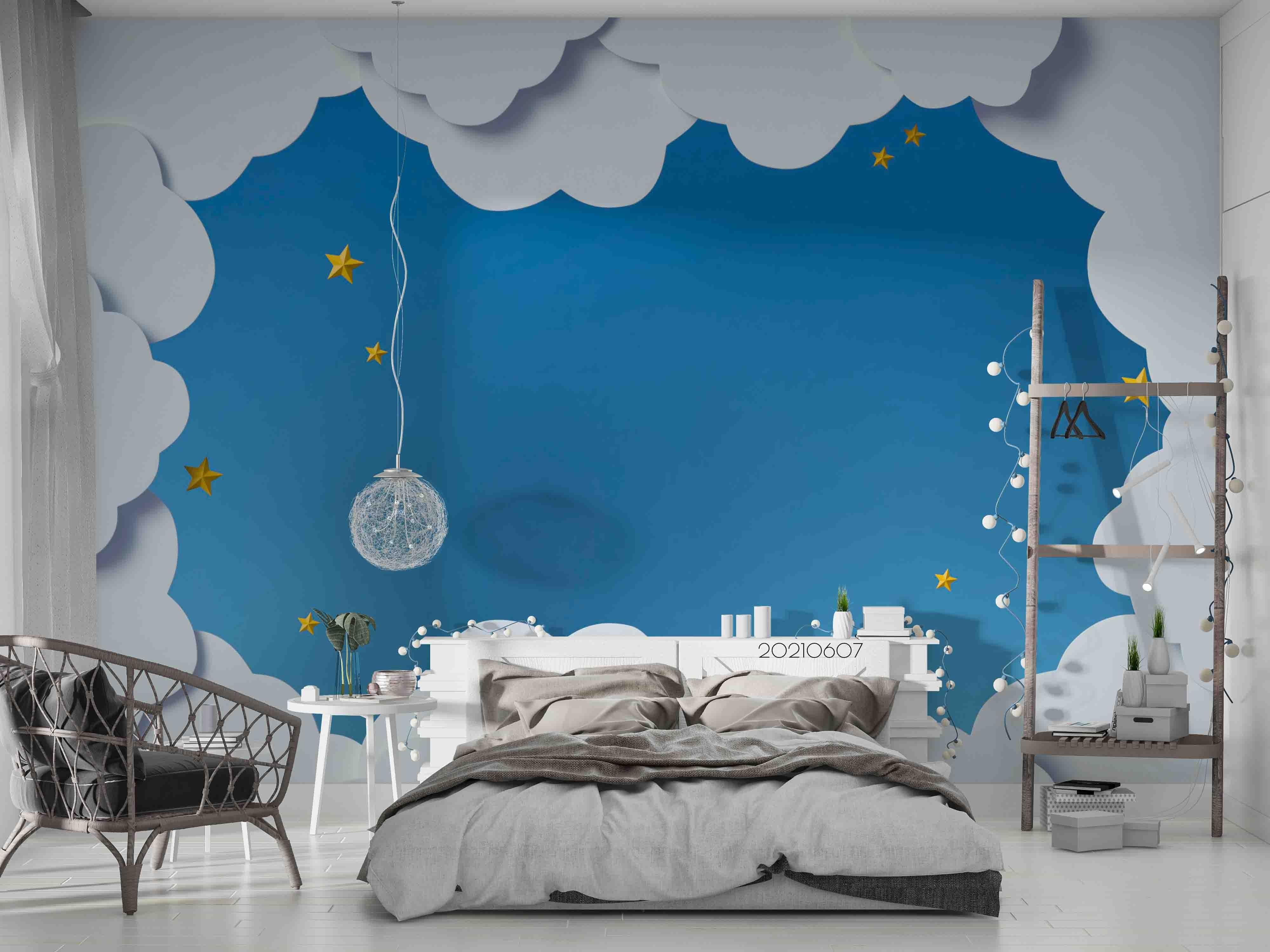 3D Cartoon Blue Sky White Clouds Yellow Star Wall Mural Wallpaper SWW715- Jess Art Decoration