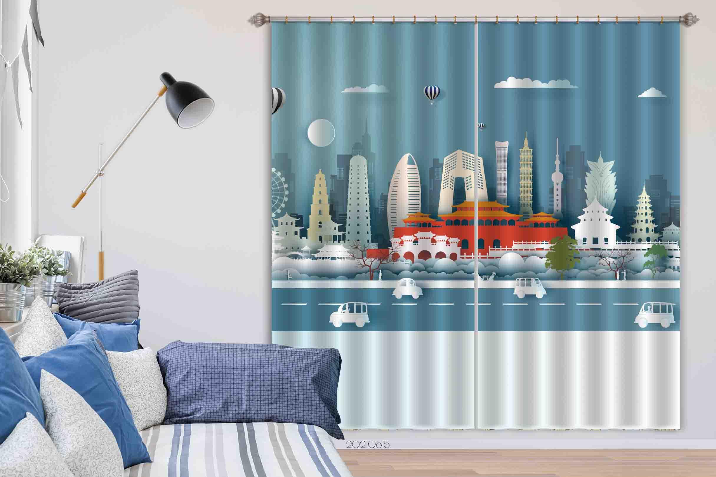 3D Abstract Building Temple Road Car Hot Air Balloon Curtains and Drapes LLL 435- Jess Art Decoration