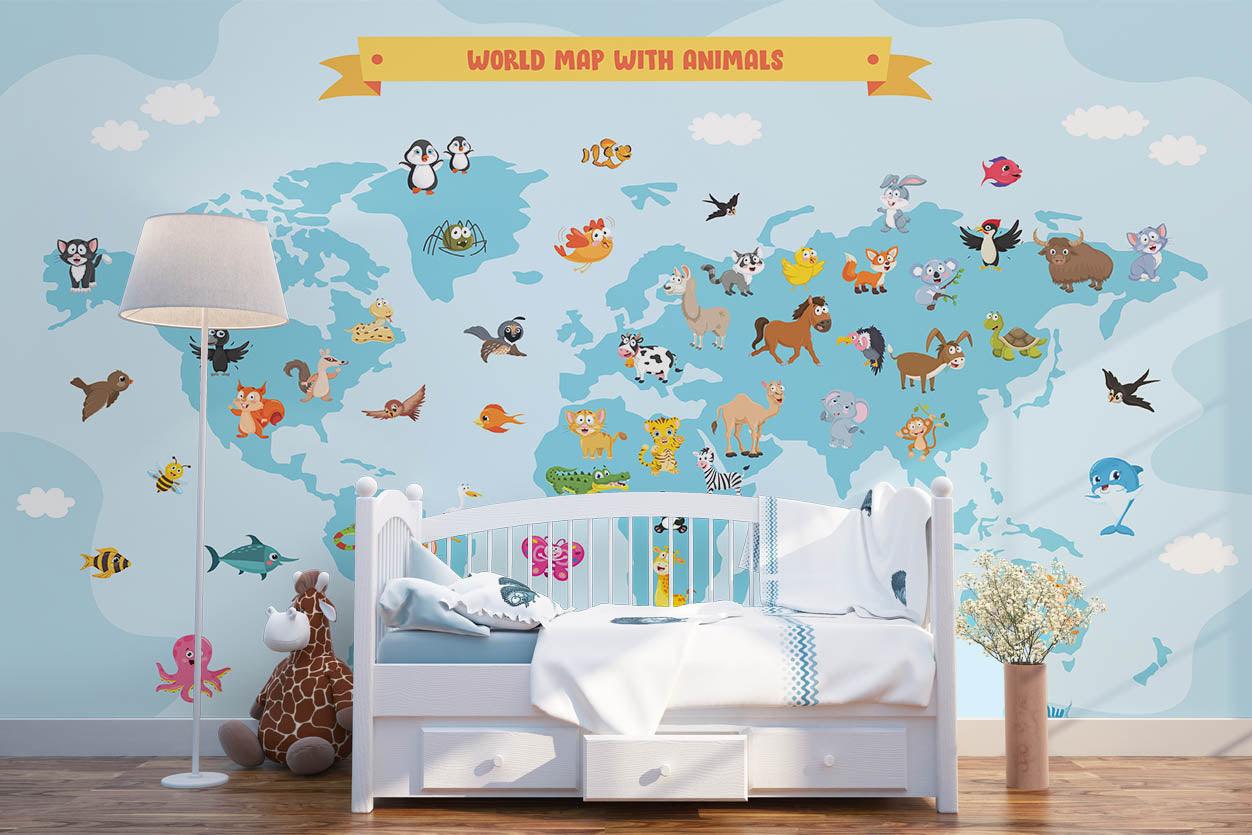 3D Cartoon Animal World Map Wall Mural Wallpaper SF62- Jess Art Decoration