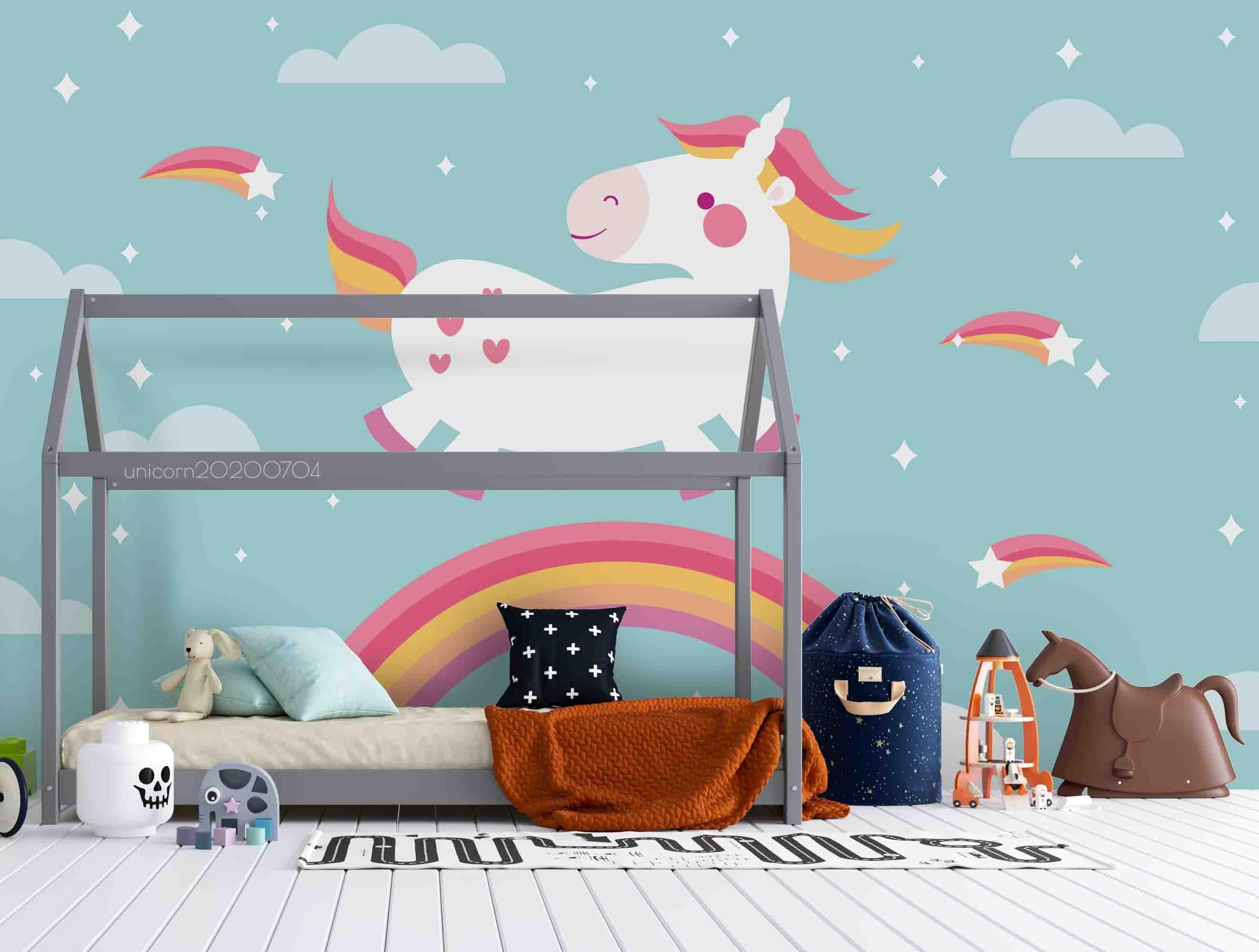 3D Cartoon Unicorn Green Sky Rainbow Wall Mural Wallpaper A037 LQH- Jess Art Decoration