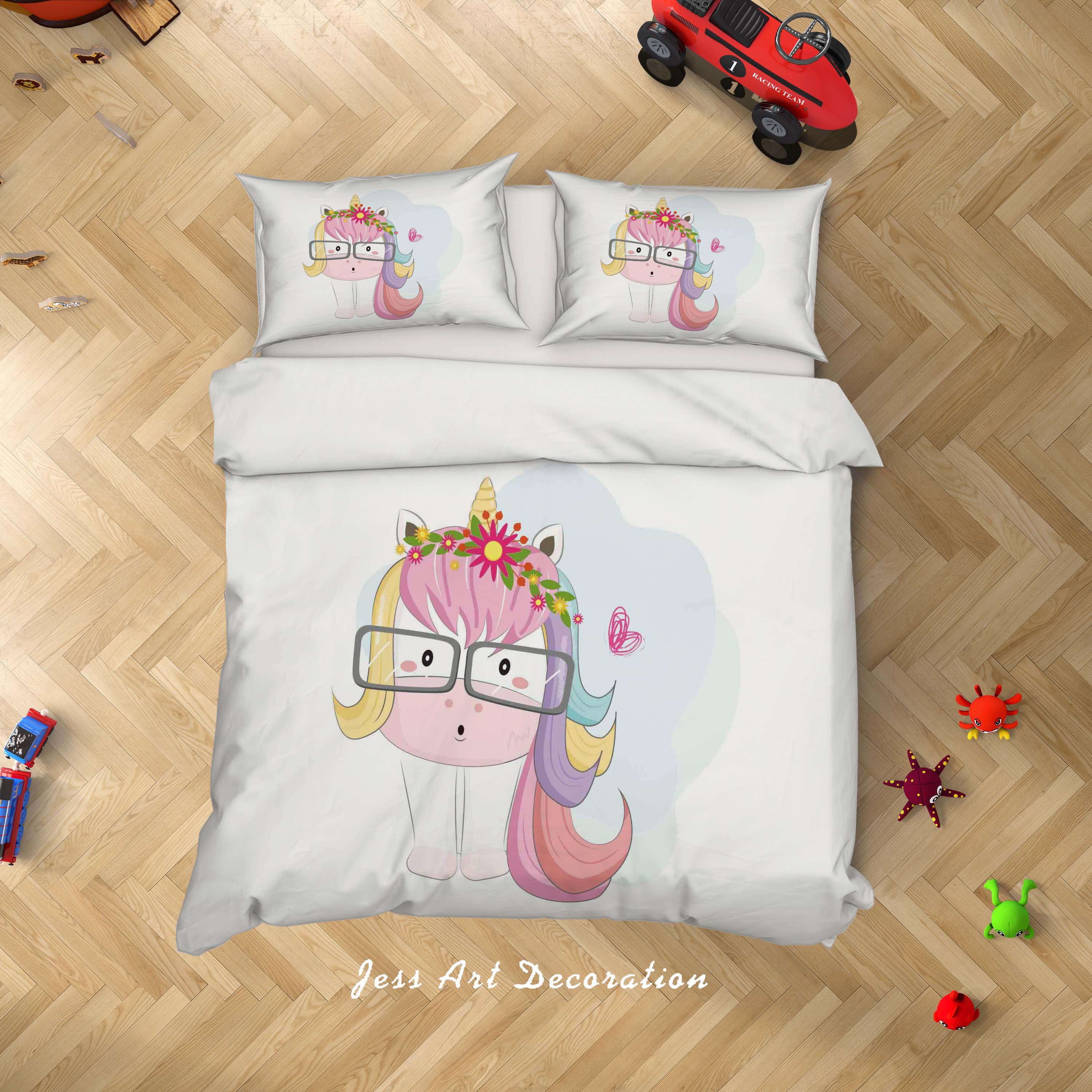 3D White Cartoon Unicorn Quilt Cover Set Bedding Set Duvet Cover Pillowcases SF52- Jess Art Decoration