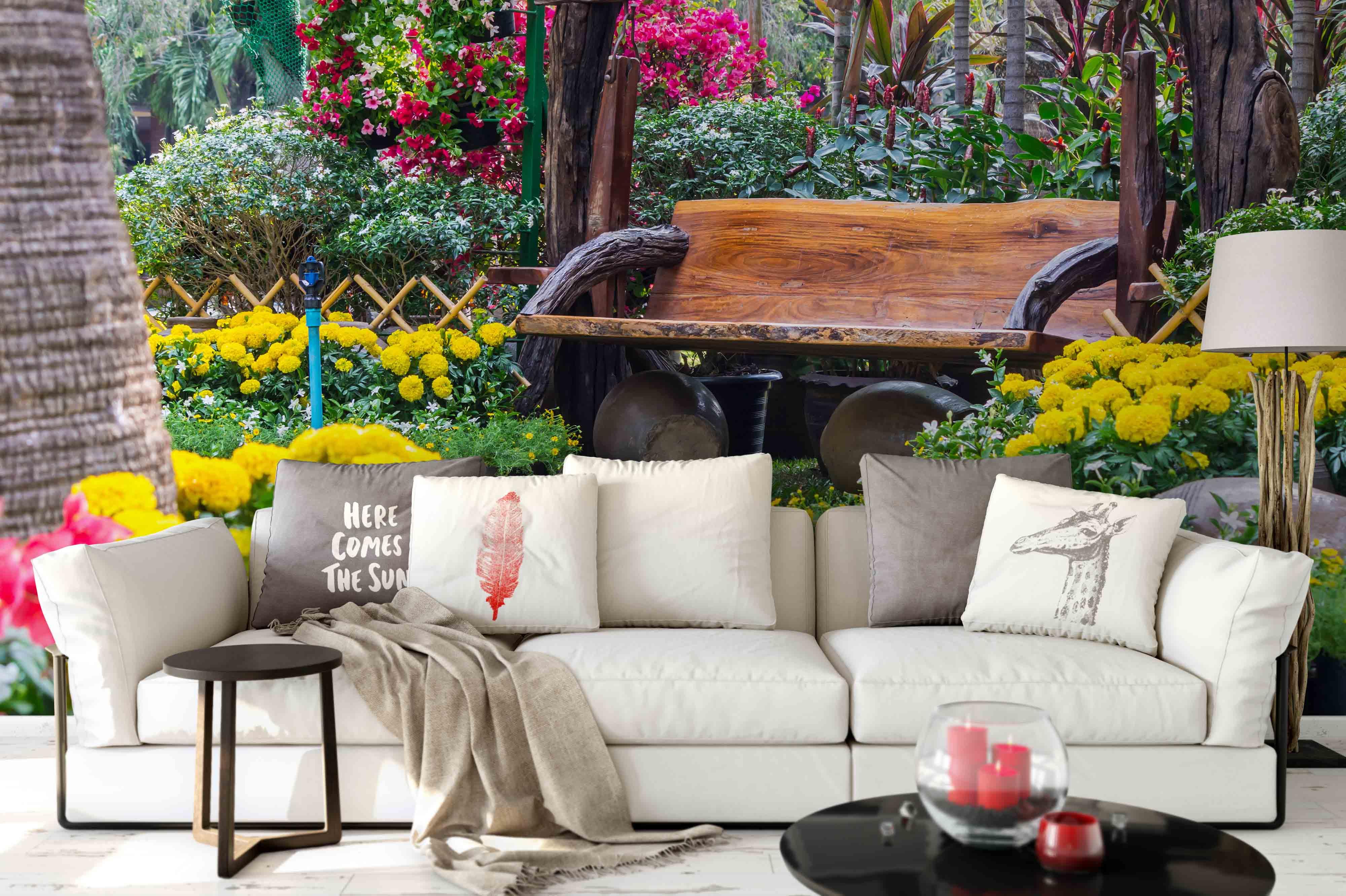 3D Bench Flower Plants Tree Wall Mural Wallpaper 151- Jess Art Decoration