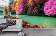 3D Pink Floral Tree Lake Boat Landscape Wall Mural Wallpaper LQH 180- Jess Art Decoration