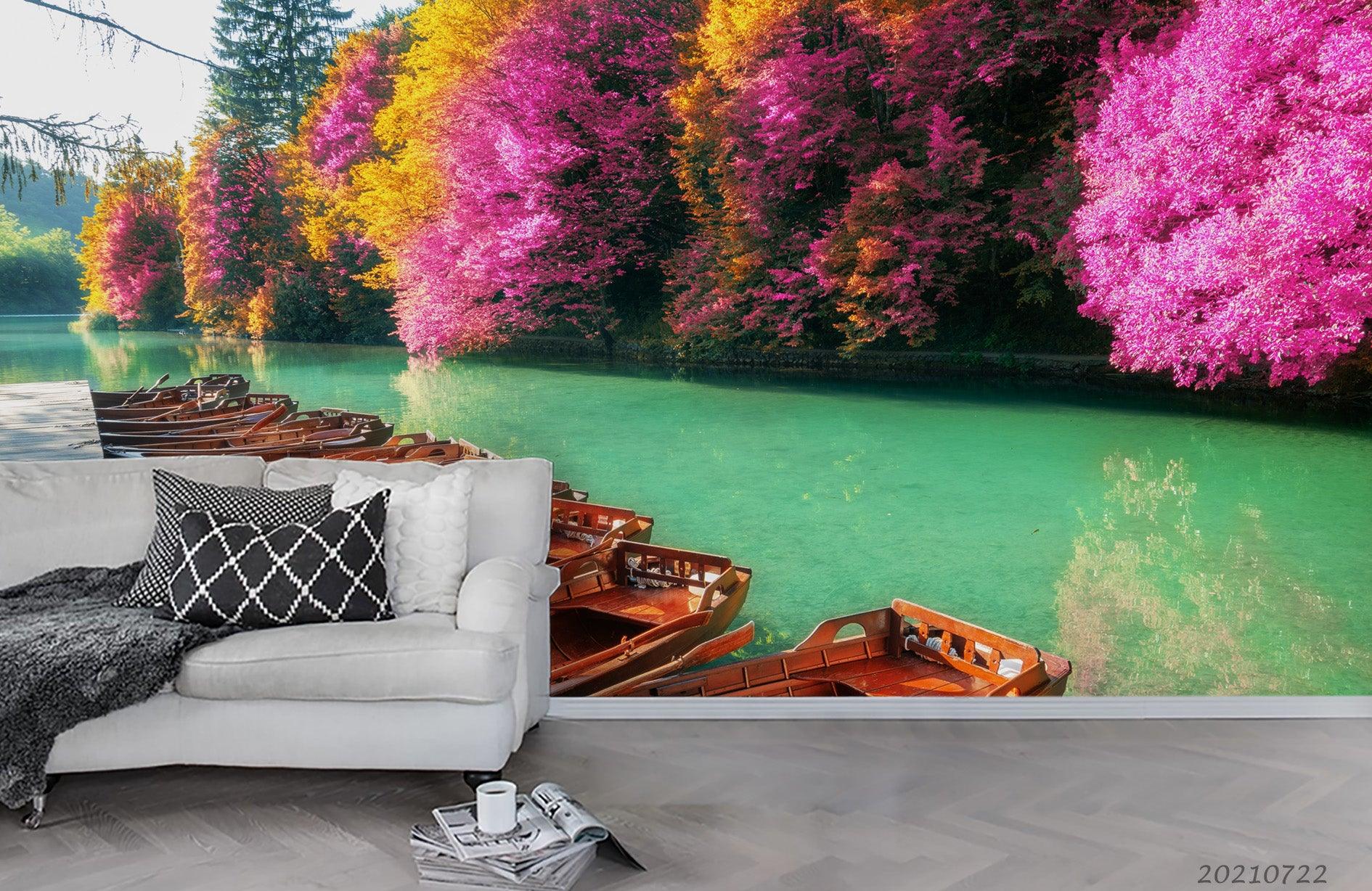 3D Pink Floral Tree Lake Boat Landscape Wall Mural Wallpaper LQH 180- Jess Art Decoration