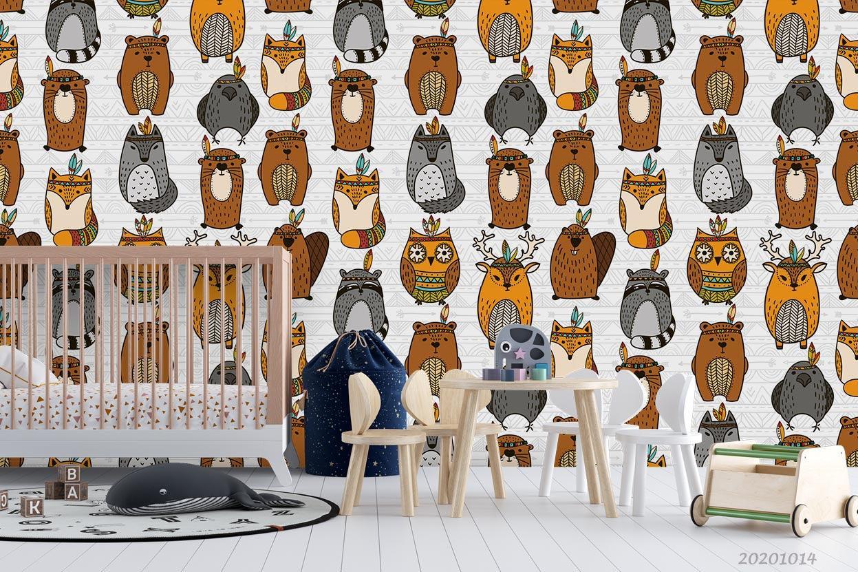 3D Cartoon Cute Animal Owl Bear Fox Pattern Wall Mural Wallpaper WJ 5033- Jess Art Decoration