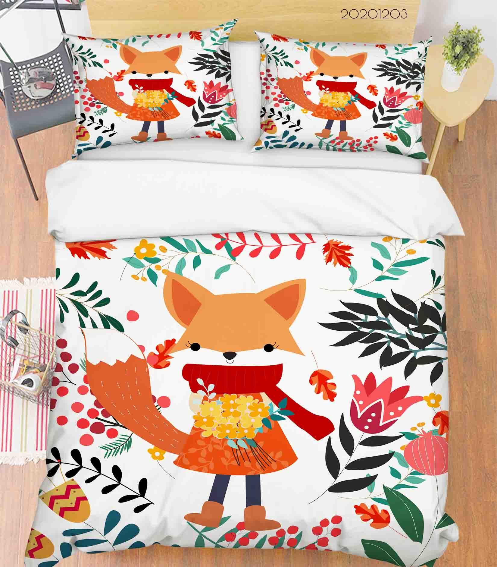 3D Cartoon Hand Drawn Colorful Floral Plant Fox Animal Quilt Cover Set Bedding Set Duvet Cover Pillowcases LXL- Jess Art Decoration
