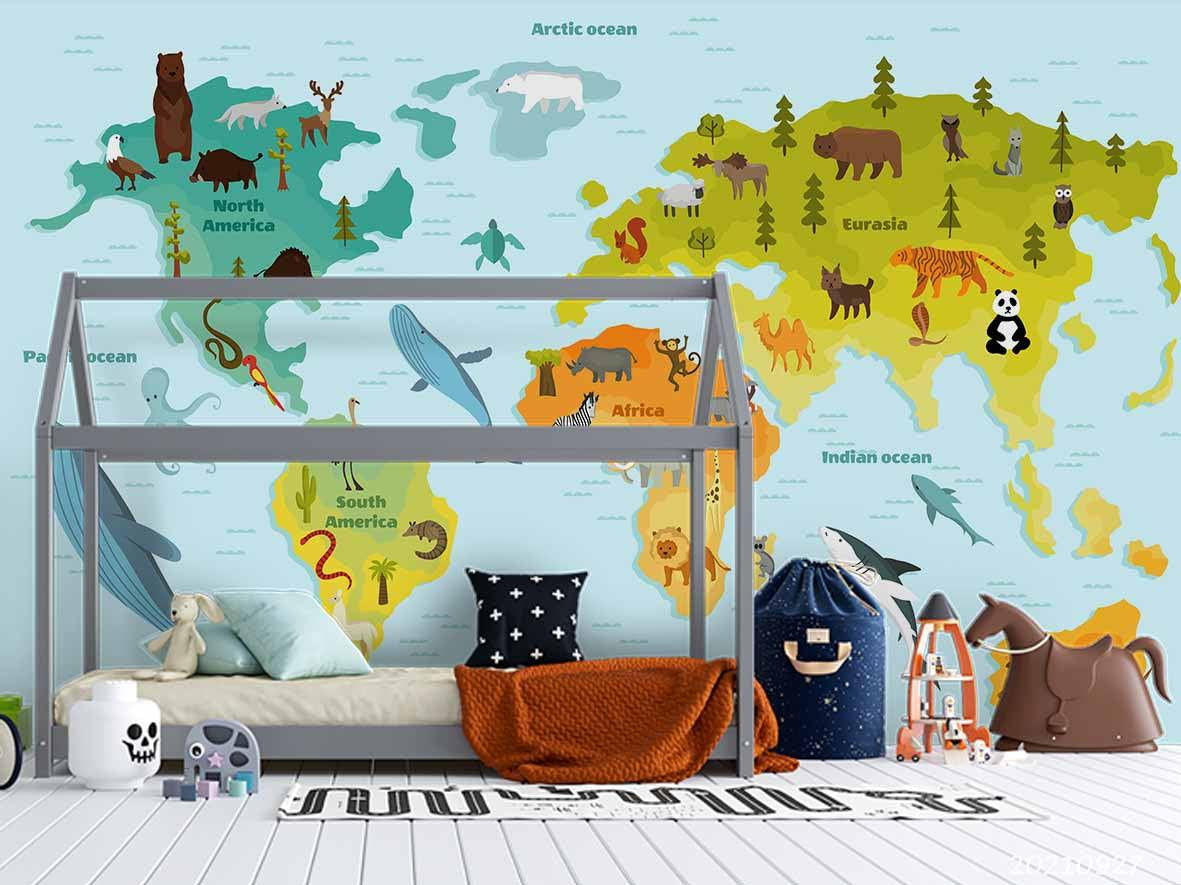 3D Blue World Map Kids Wall Mural Wallpaper LQH 146- Jess Art Decoration