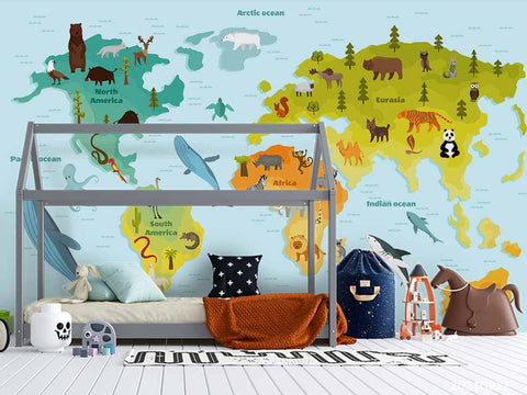3D Blue World Map Kids Wall Mural Wallpaper LQH 146- Jess Art Decoration