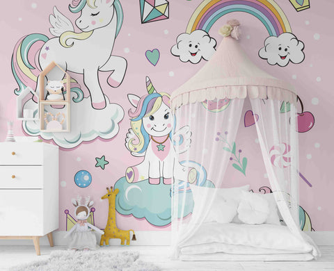 3D Cartoon Pink Unicorn Rainbow White Cloud Wall Mural Wallpaper best seller D69