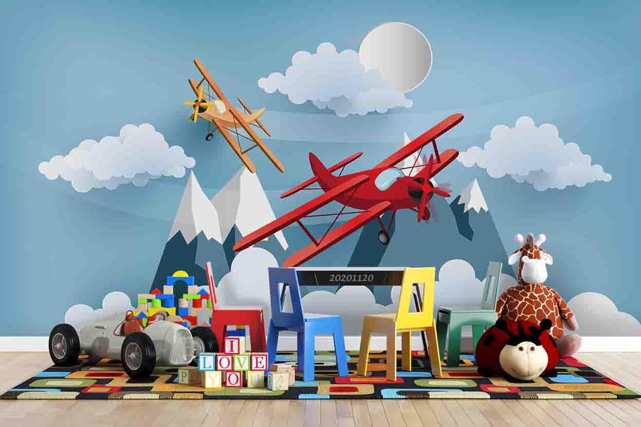 3D Cartoon Mountain Cloud Airplane Wall Mural Wallpaper LQH 292- Jess Art Decoration