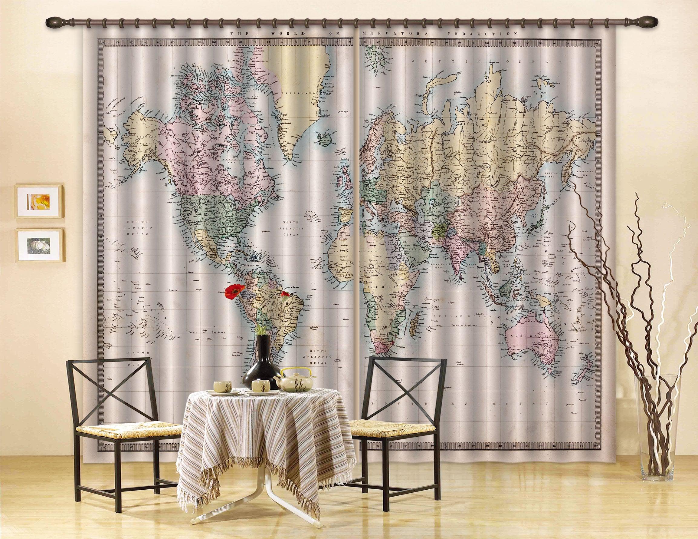 3D World Map Curtains and Drapes A100- Jess Art Decoration