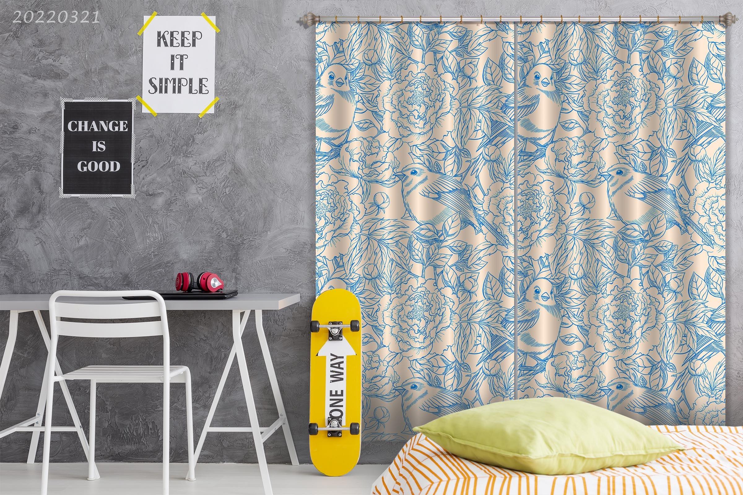 3D Abstract Blue Bird Plant Floral Pattern Curtains and Drapes GD 3148- Jess Art Decoration