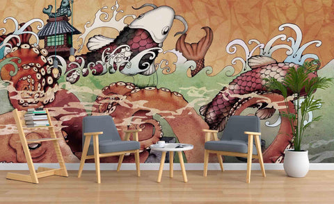 3D Cartoon Graffiti Big Fish Octopus Wall Mural Wallpaper ZY D56- Jess Art Decoration