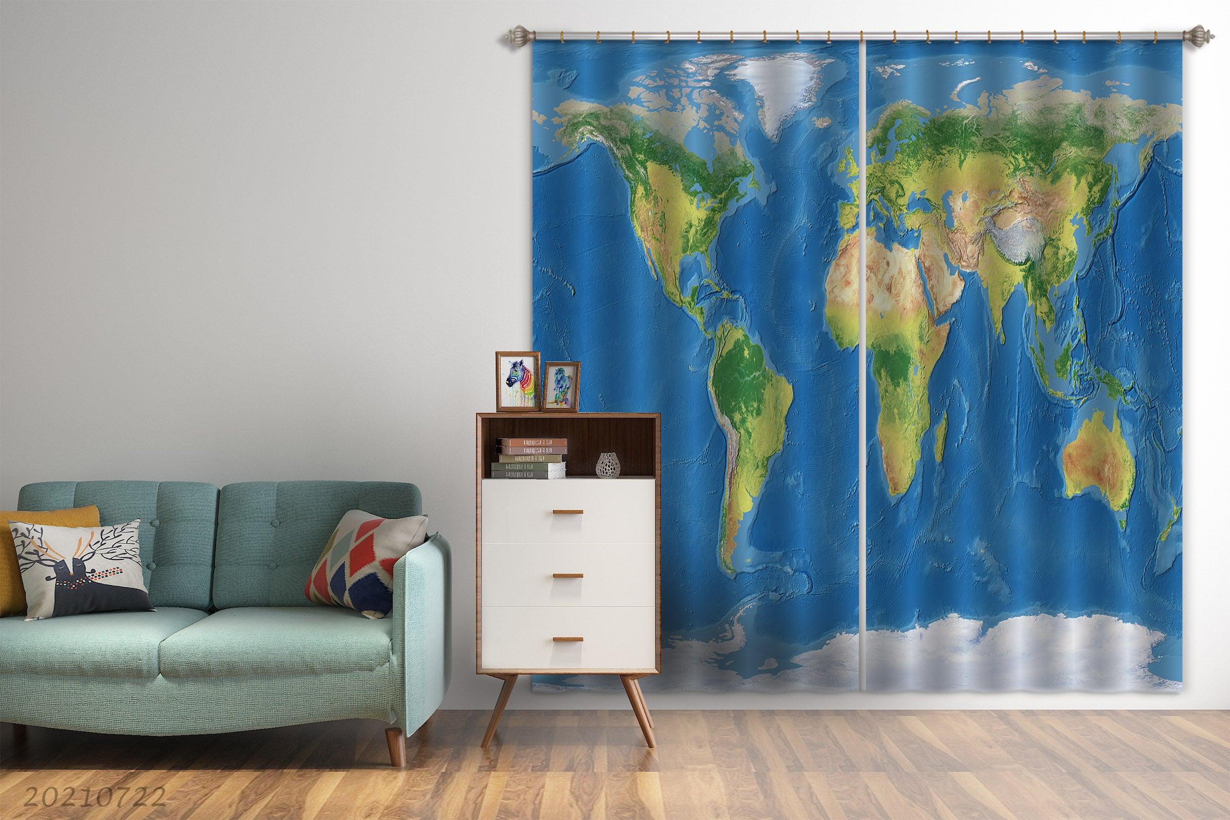 3D Blue World Map Curtains and Drapes LQH 555- Jess Art Decoration
