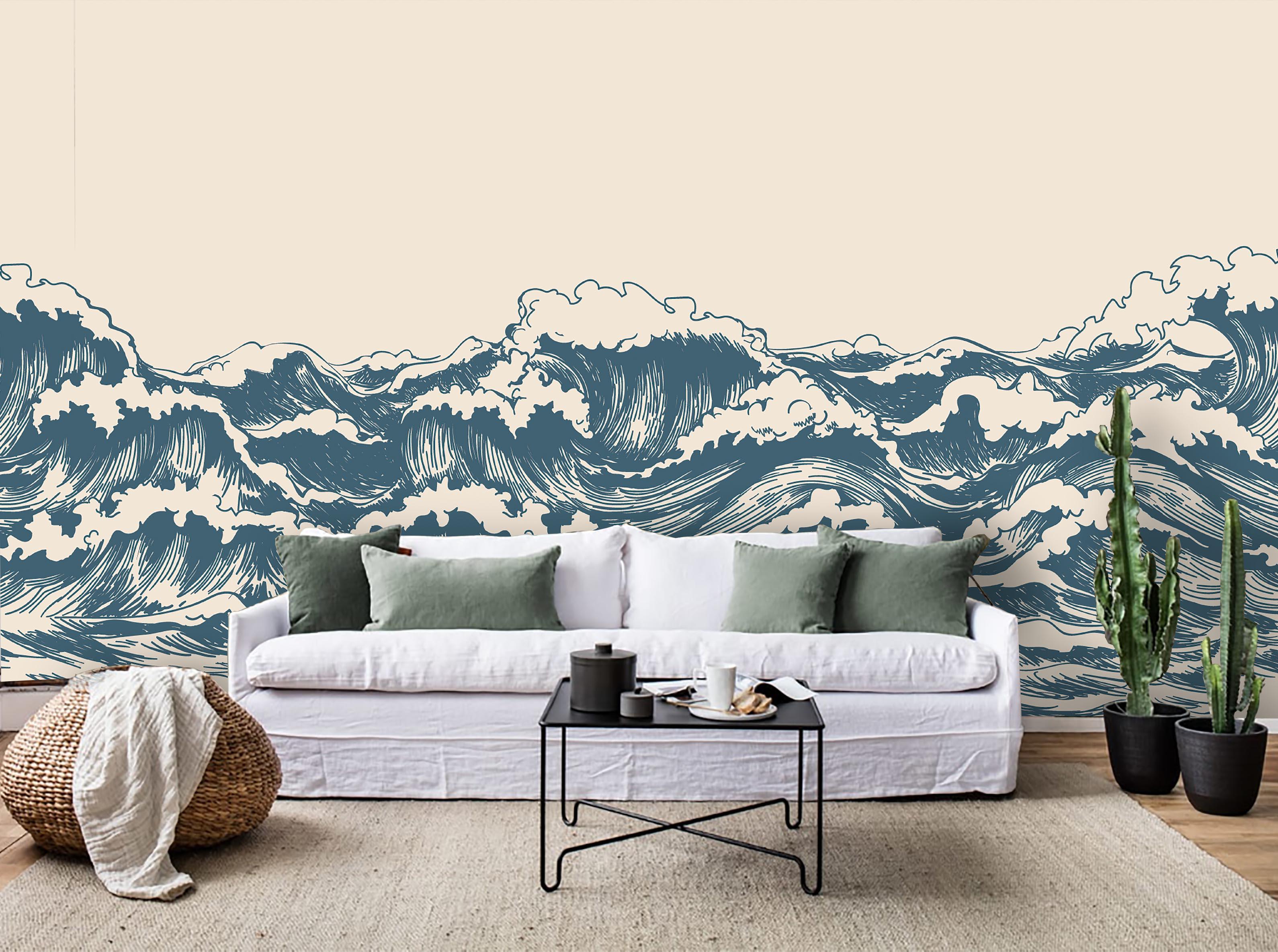3D Hand Drawn Sea Waves hand drawn ocean wave landscape wall mural wallpaper for living room