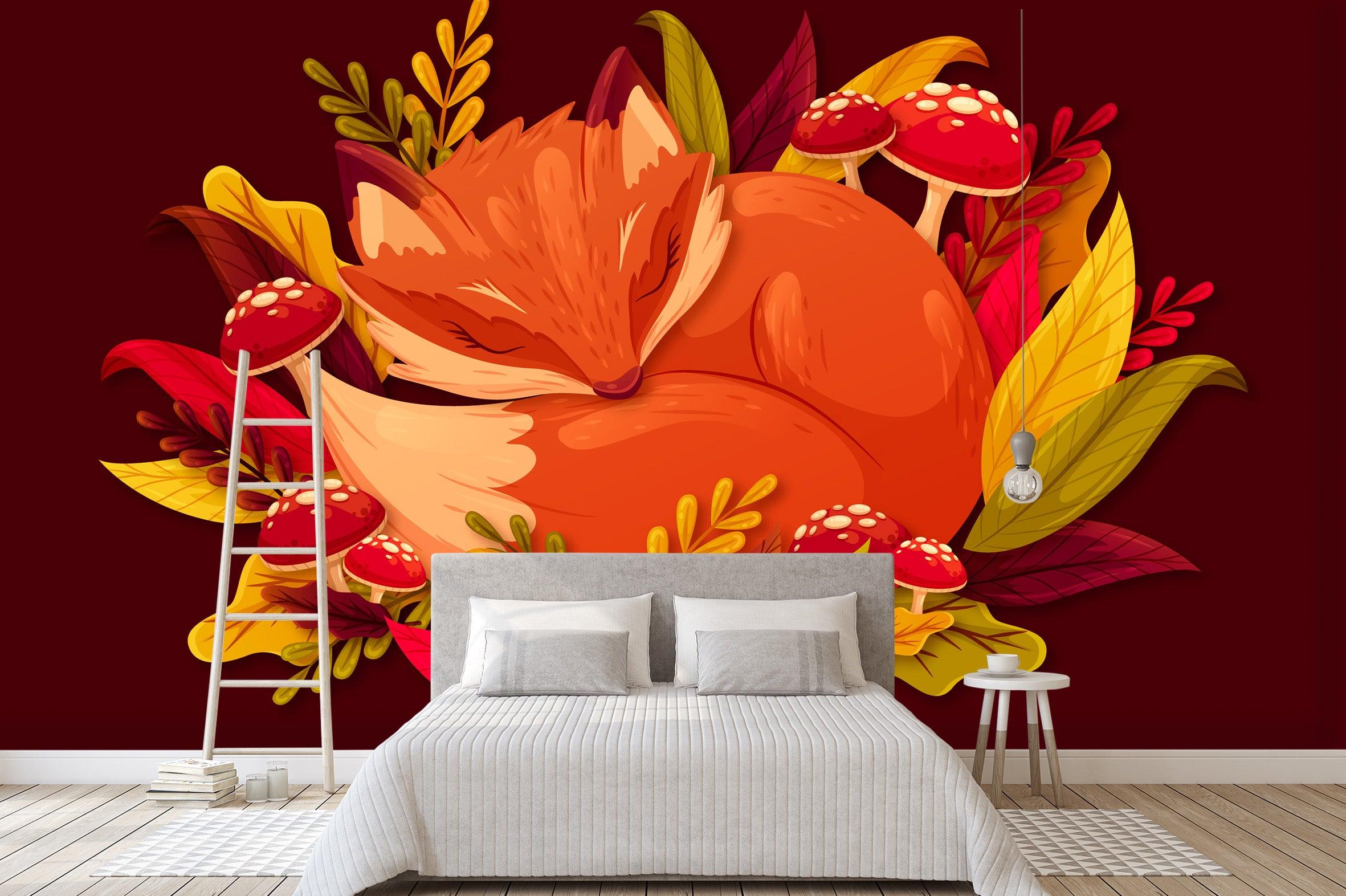 3D Orange Fox Red Mushroom Wall Mural Wallpaper 51- Jess Art Decoration