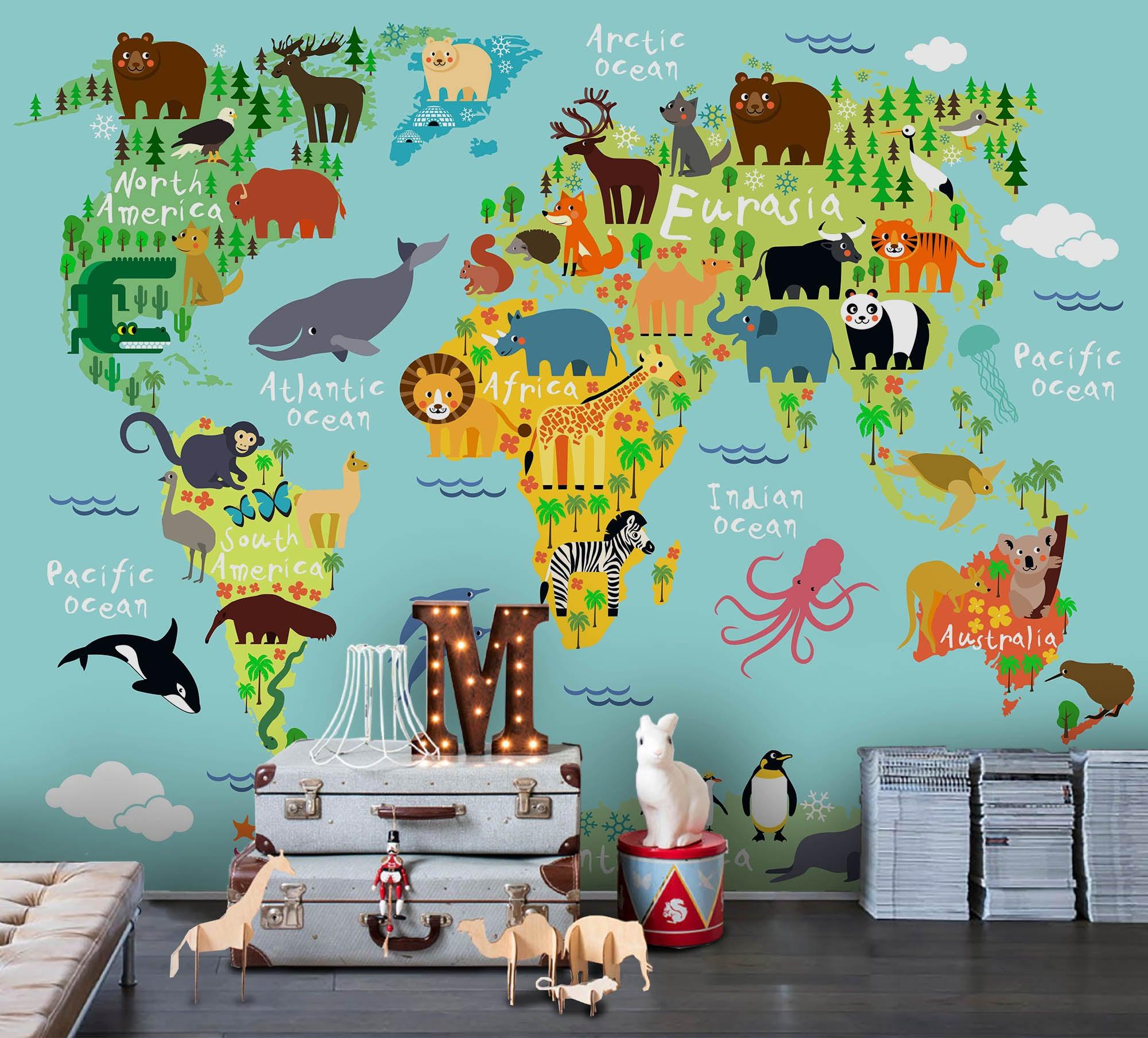 3D Green Animals World Map Wall Mural Wallpaper 33- Jess Art Decoration
