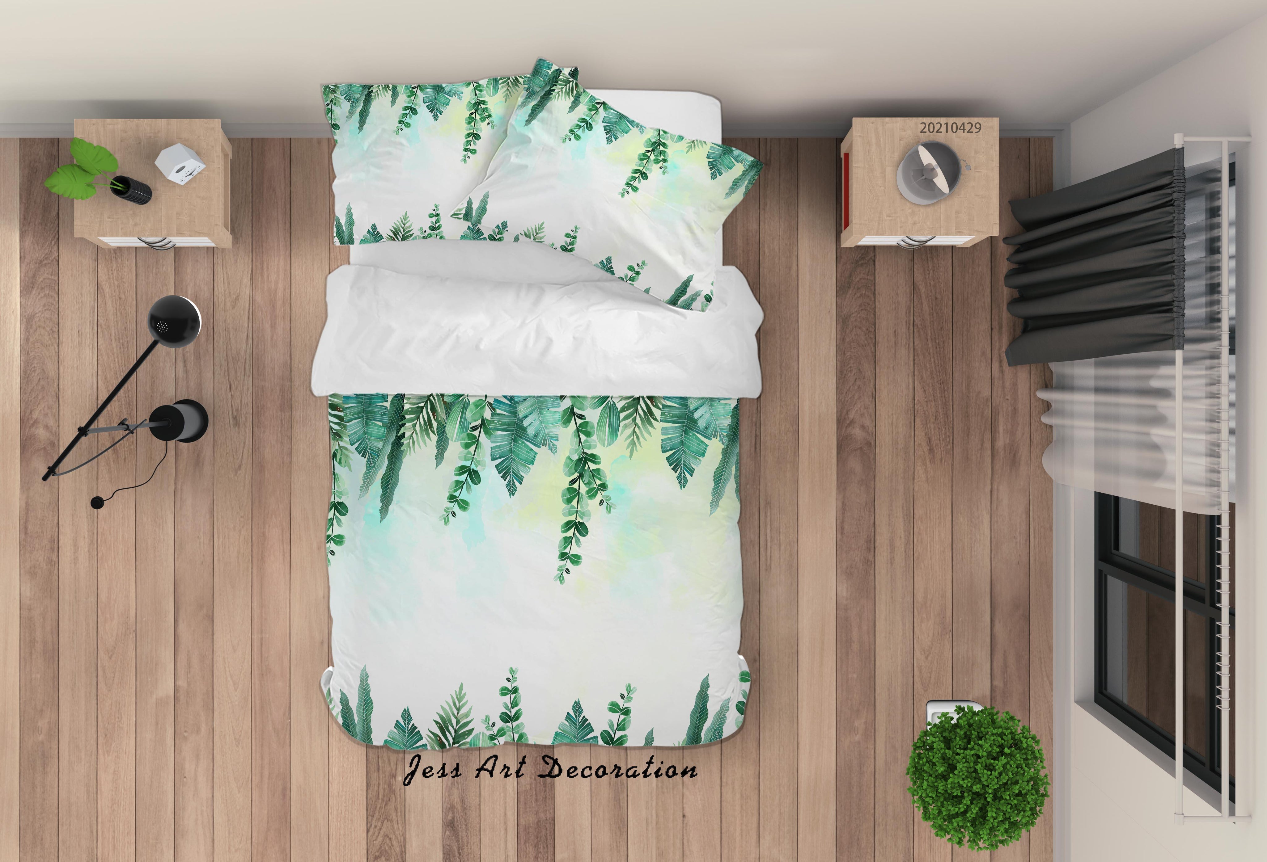 3D Watercolor Green Leaf Quilt Cover Set Bedding Set Duvet Cover Pillowcases 246- Jess Art Decoration