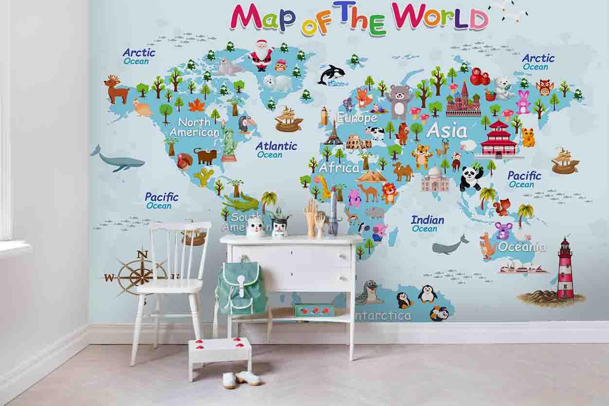 3D Cartoon World Map Wall Mural Wallpaper A278 LQH- Jess Art Decoration
