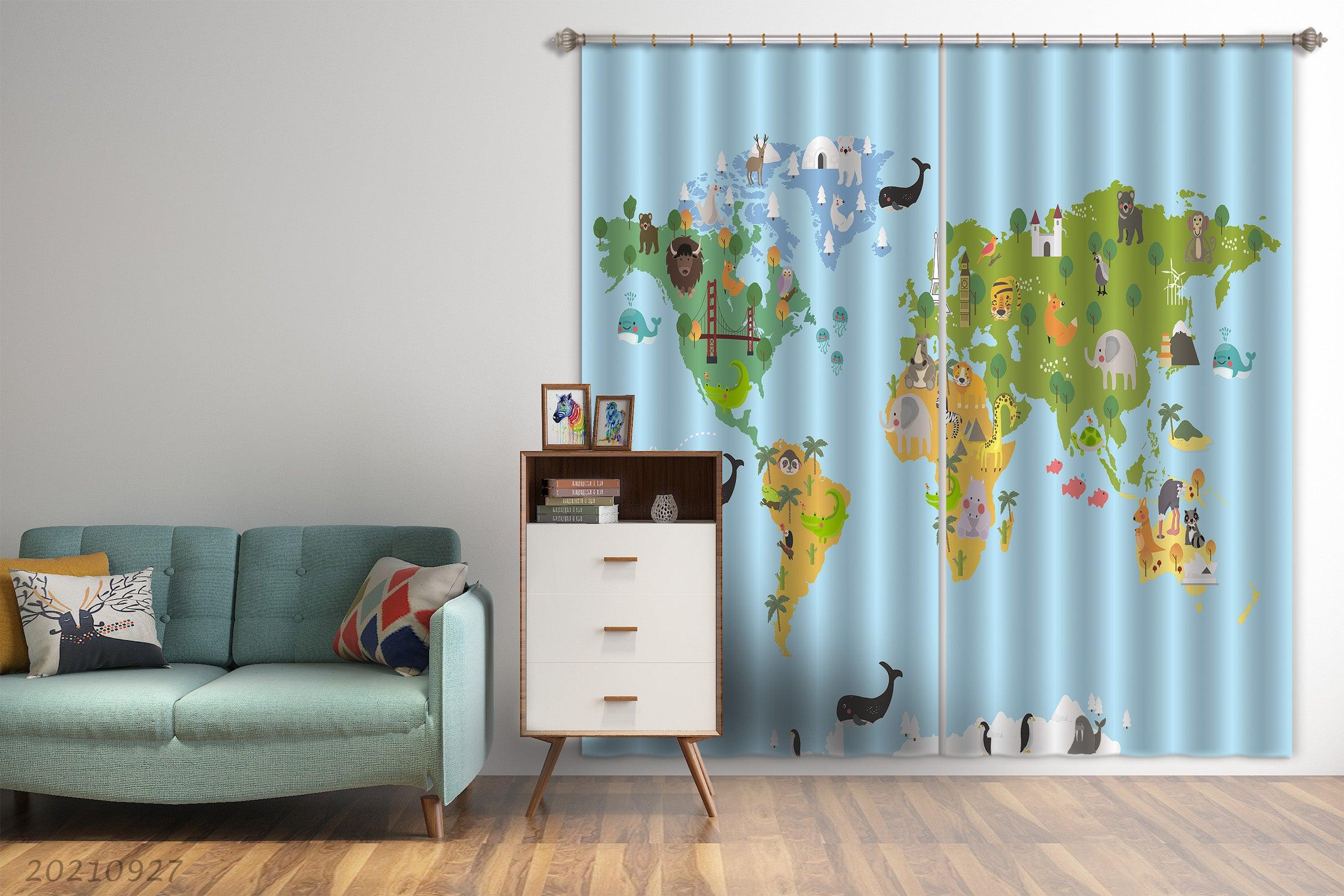 3D Blue World Map Kids Curtains and Drapes LQH 173- Jess Art Decoration