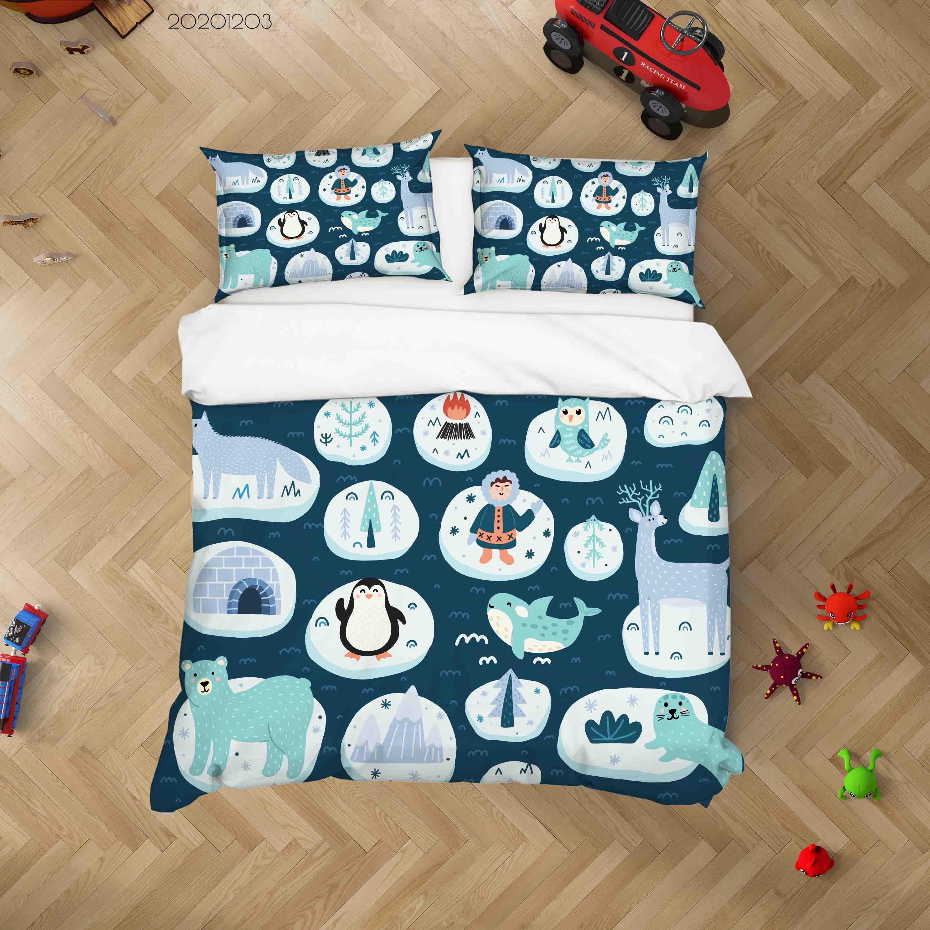 3D Cartoon Blue Iceburg Peaguin Bear Whale Animal Ocean Quilt Cover Set Bedding Set Duvet Cover Pillowcases LXL- Jess Art Decoration