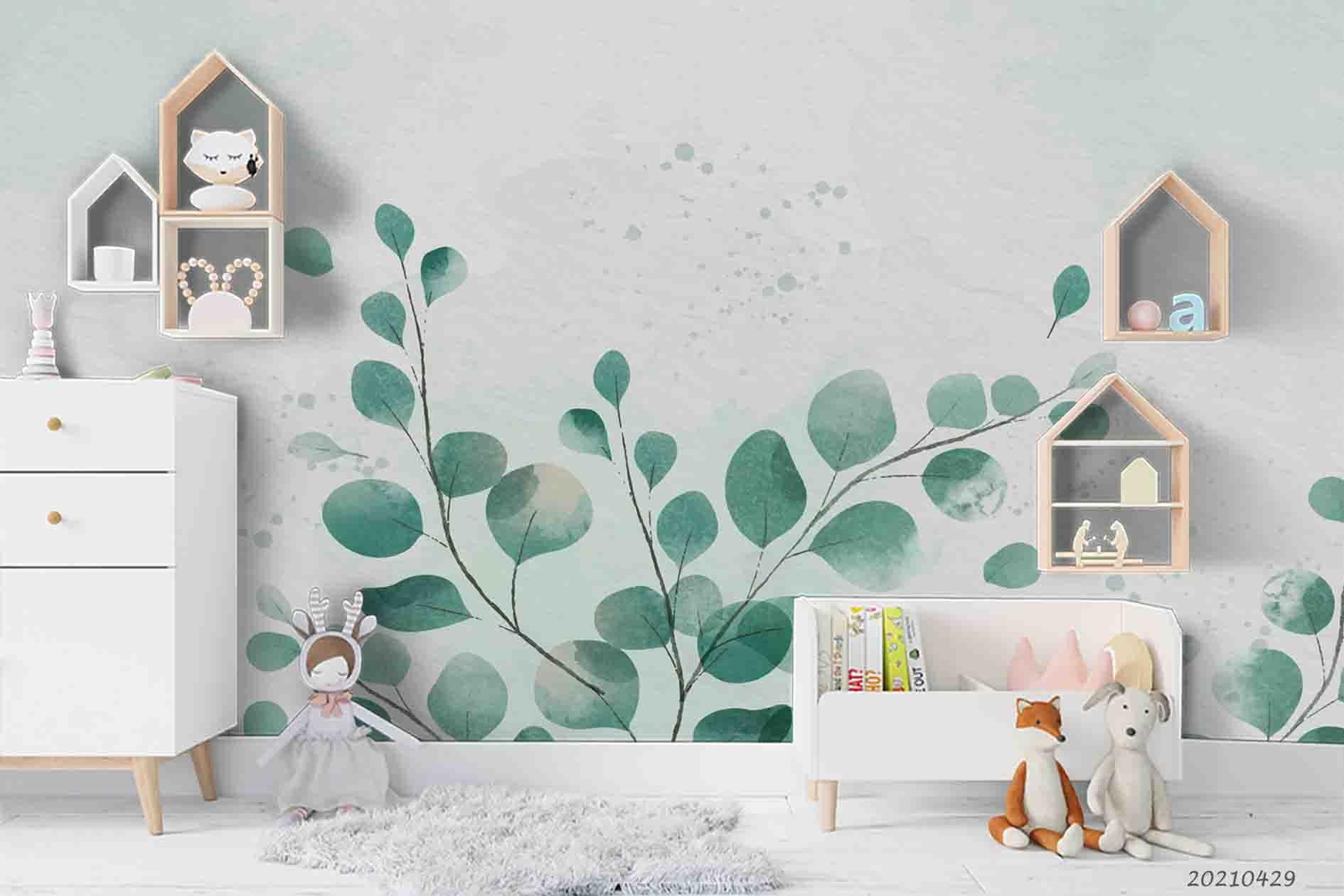 3D Watercolor Green Leaf Wall Mural Wallpaper LQH 126- Jess Art Decoration