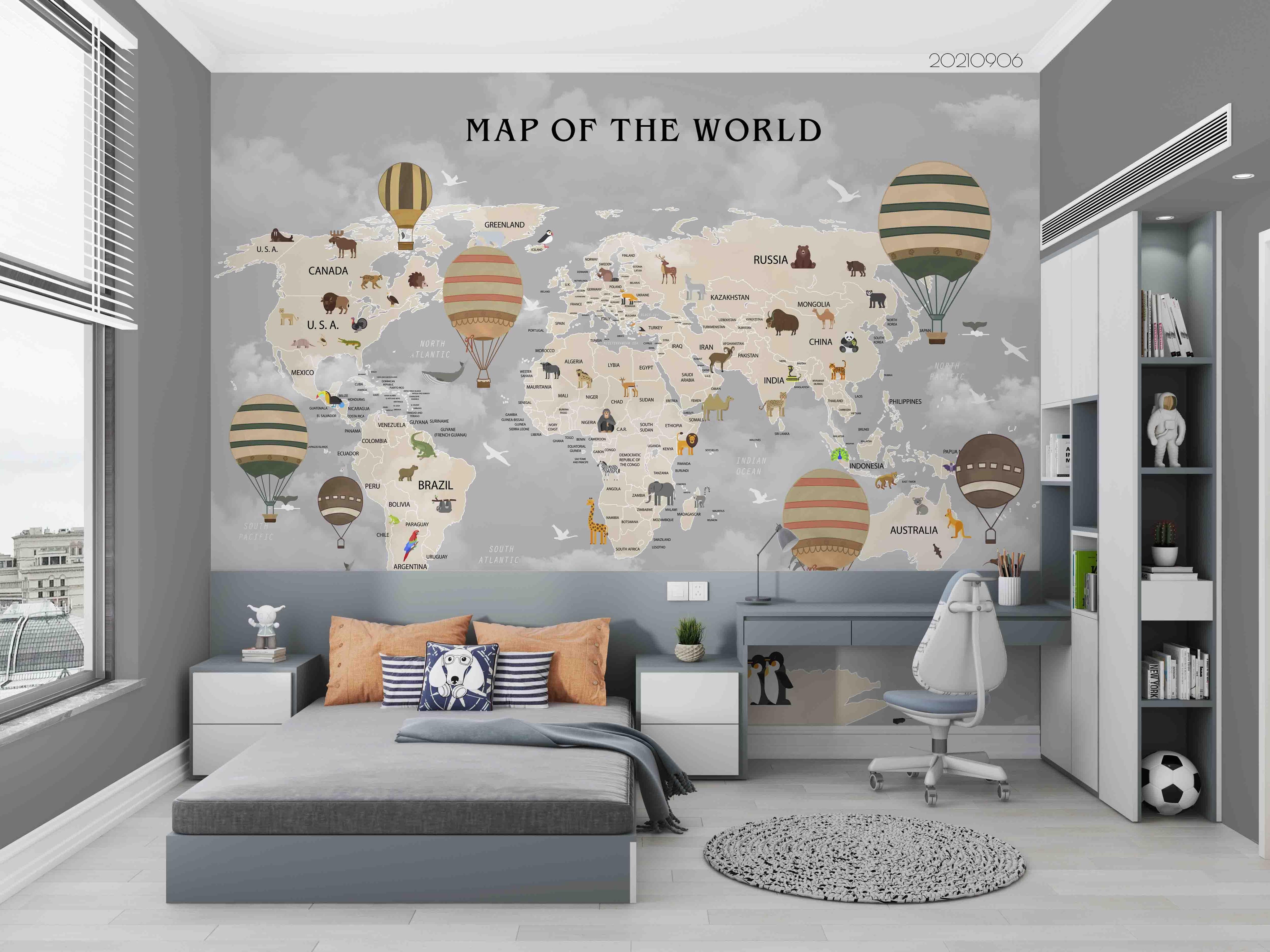 3D World Map Hot Air Balloon Wall Mural Wallpaper LQH 506- Jess Art Decoration