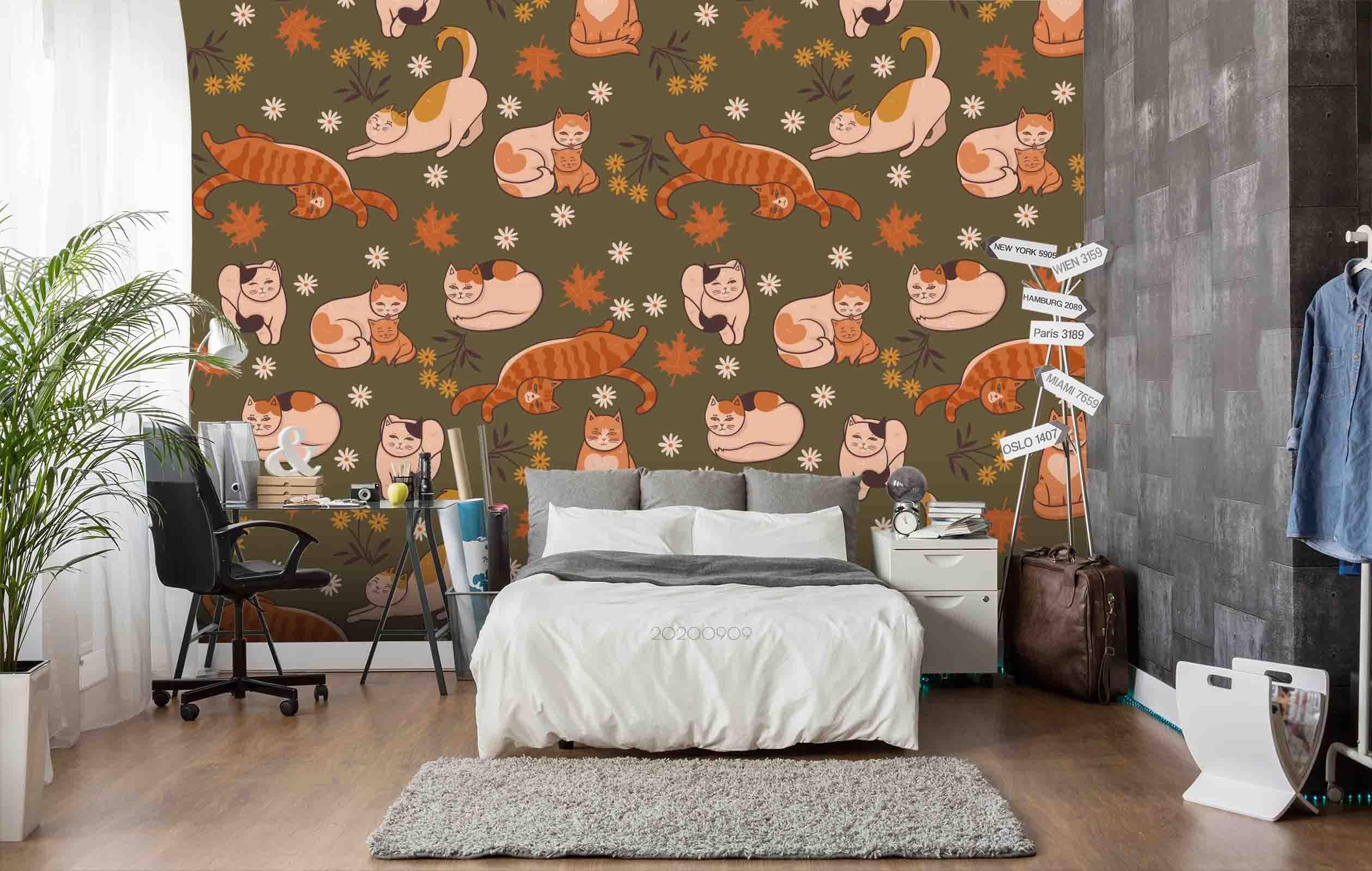 3D Cartoon Maple Leaves Colorful Cat Animal Wall Mural Wallpaper LXL- Jess Art Decoration