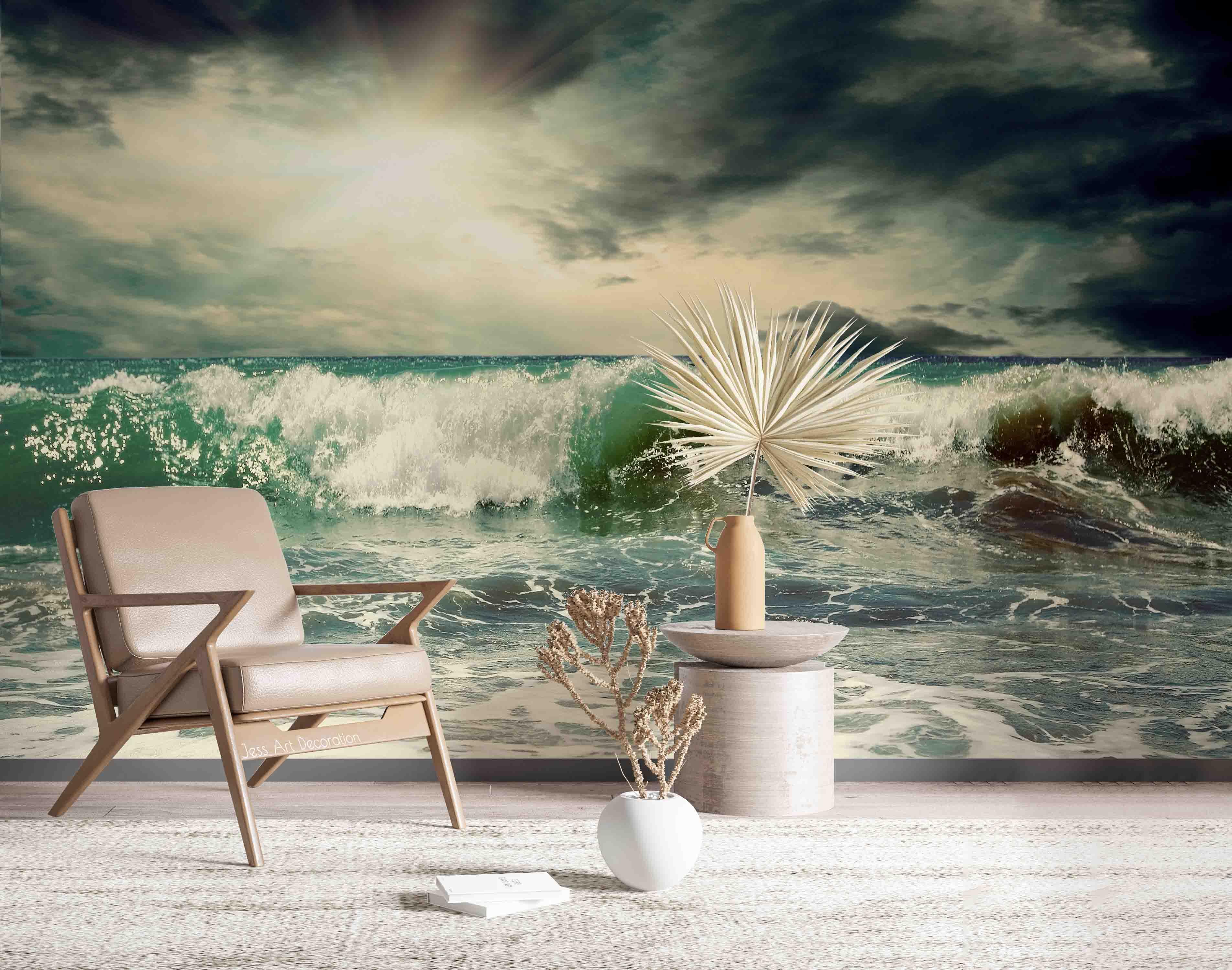 3D Green Sea Waves Dark Clouds Wall Mural Wallpaper GD 2362- Jess Art Decoration