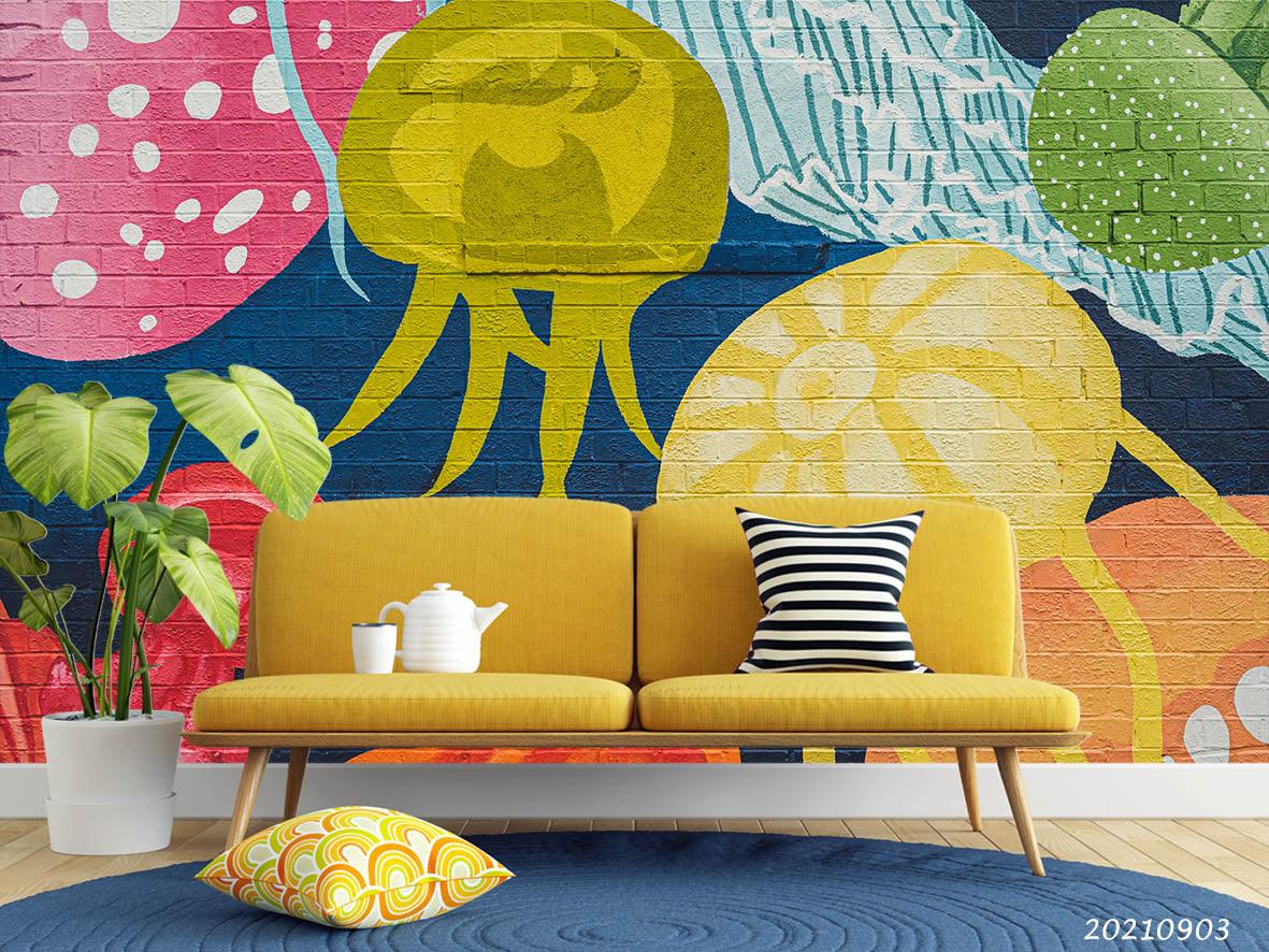 3D Hand Drawn Colored Jellyfish Doodle Wall Mural Wallpaper LQH 111- Jess Art Decoration