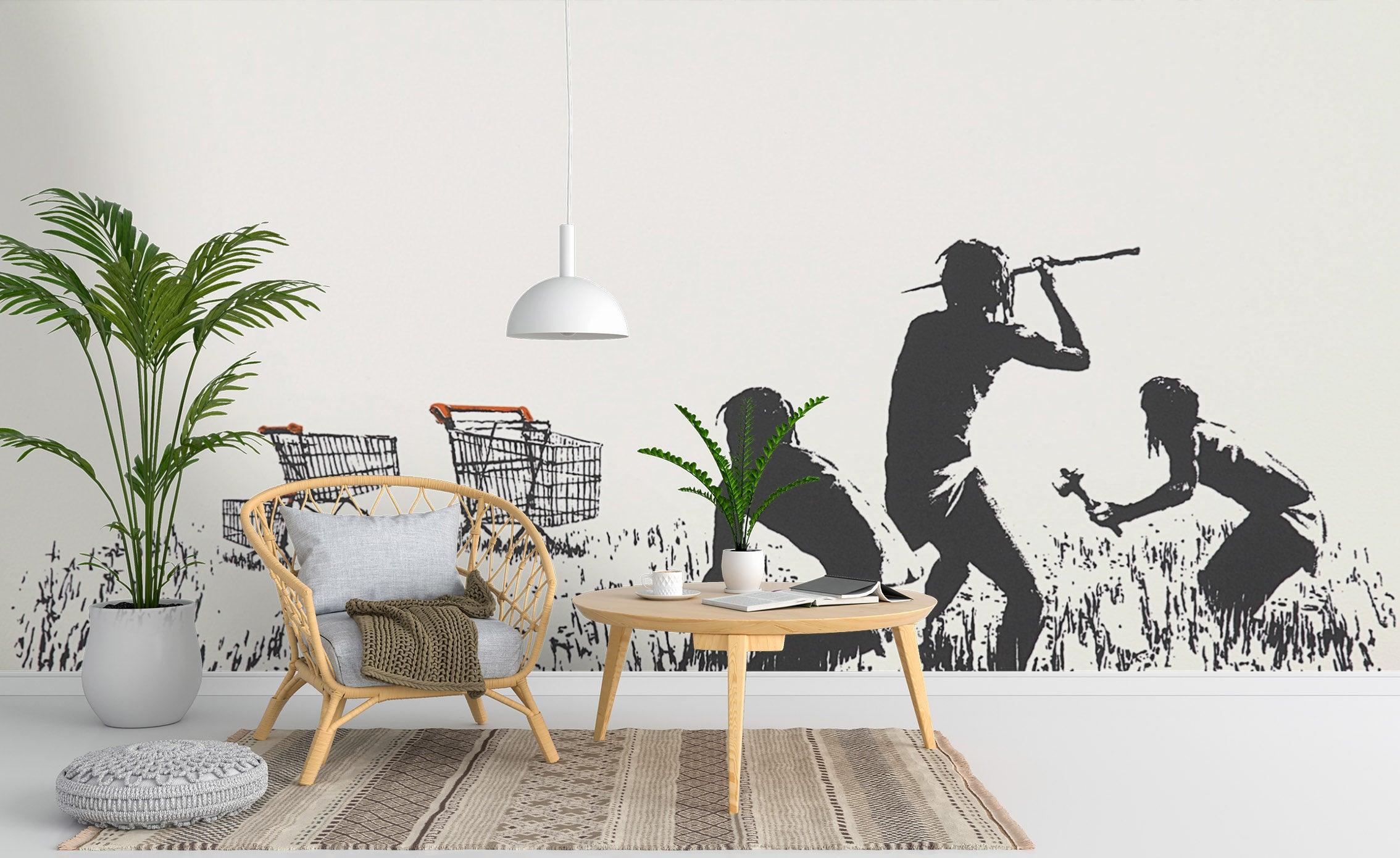 3D Banksy Trolleys Black White Figure Wall Mural Wallpaper ZY D61- Jess Art Decoration