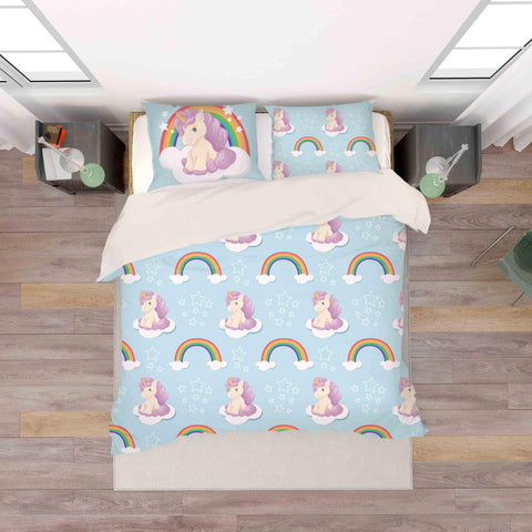 3D Cartoon Blue Unicorn Rainbow Quilt Cover Set Bedding Set Pillowcases 114- Jess Art Decoration