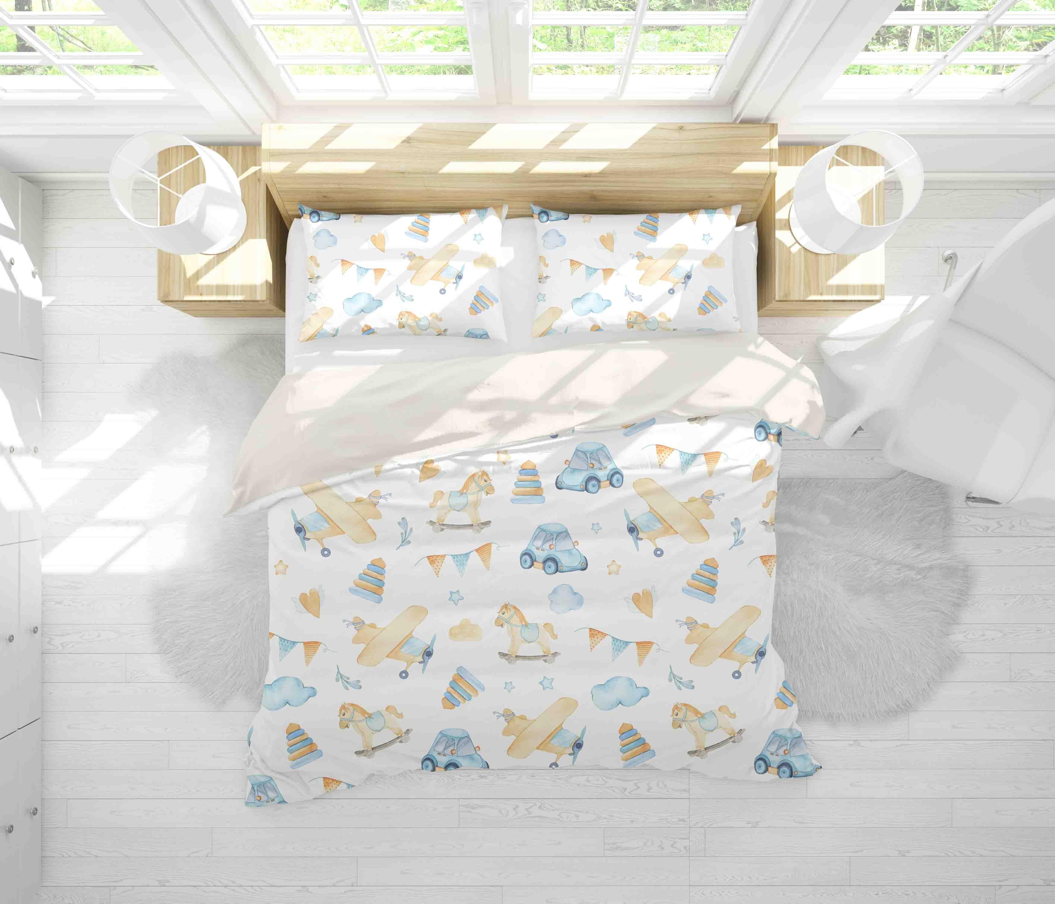 3D White Blue Yellow Aircraft Clouds Star Trojan Car Quilt Cover Set Bedding Set Pillowcases 13- Jess Art Decoration
