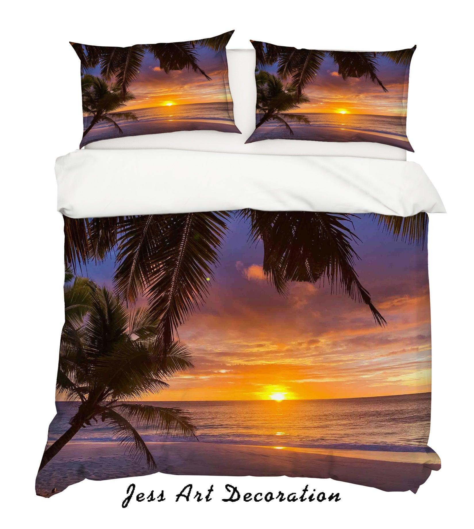 3D Sunset Sea Coconut Tree Quilt Cover Set Bedding Set Duvet Cover Pillowcases LQH A173- Jess Art Decoration