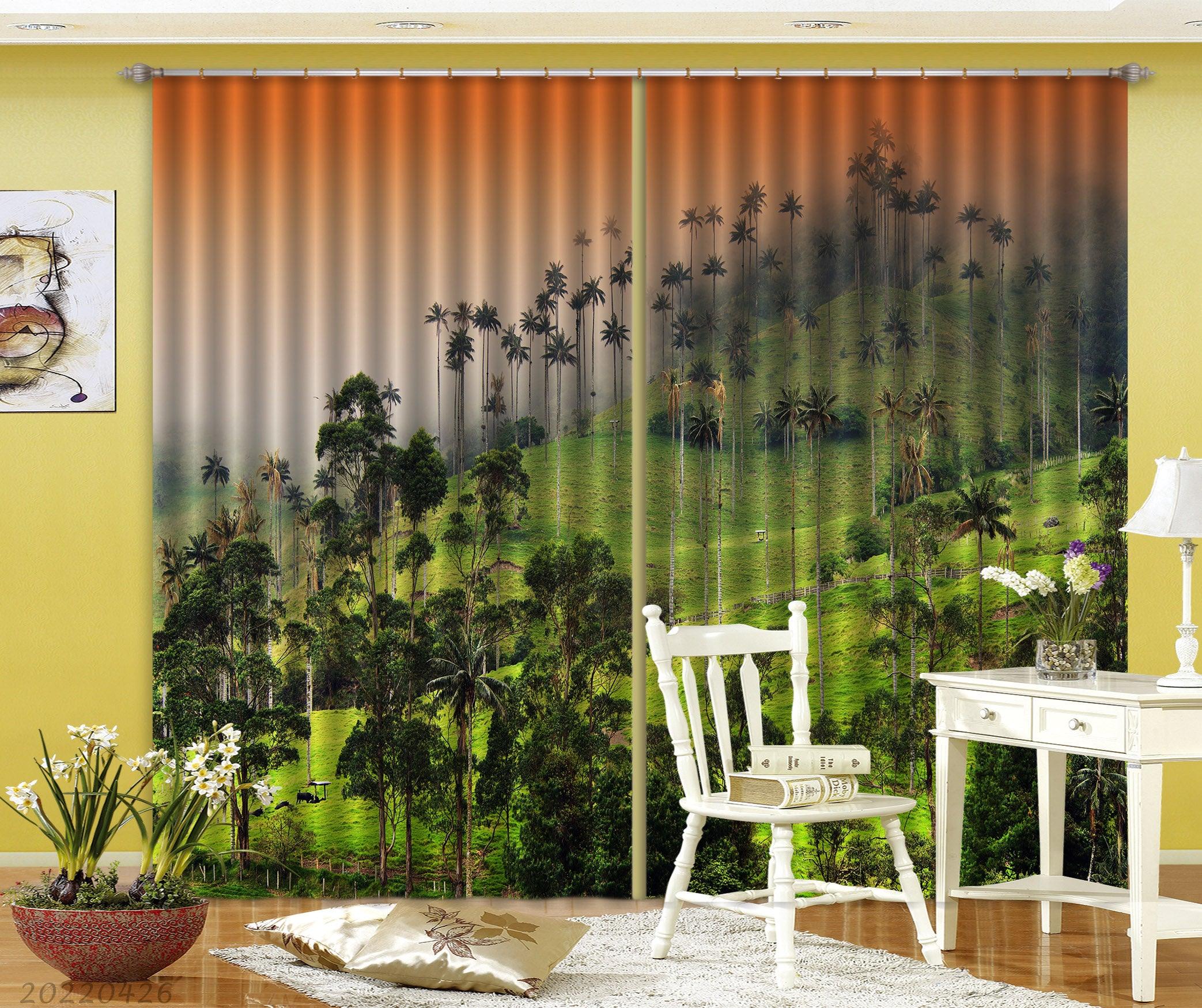 3D Landscape Mountain Green Tree Grass Orange Sky Curtains and Drapes GD 4750- Jess Art Decoration