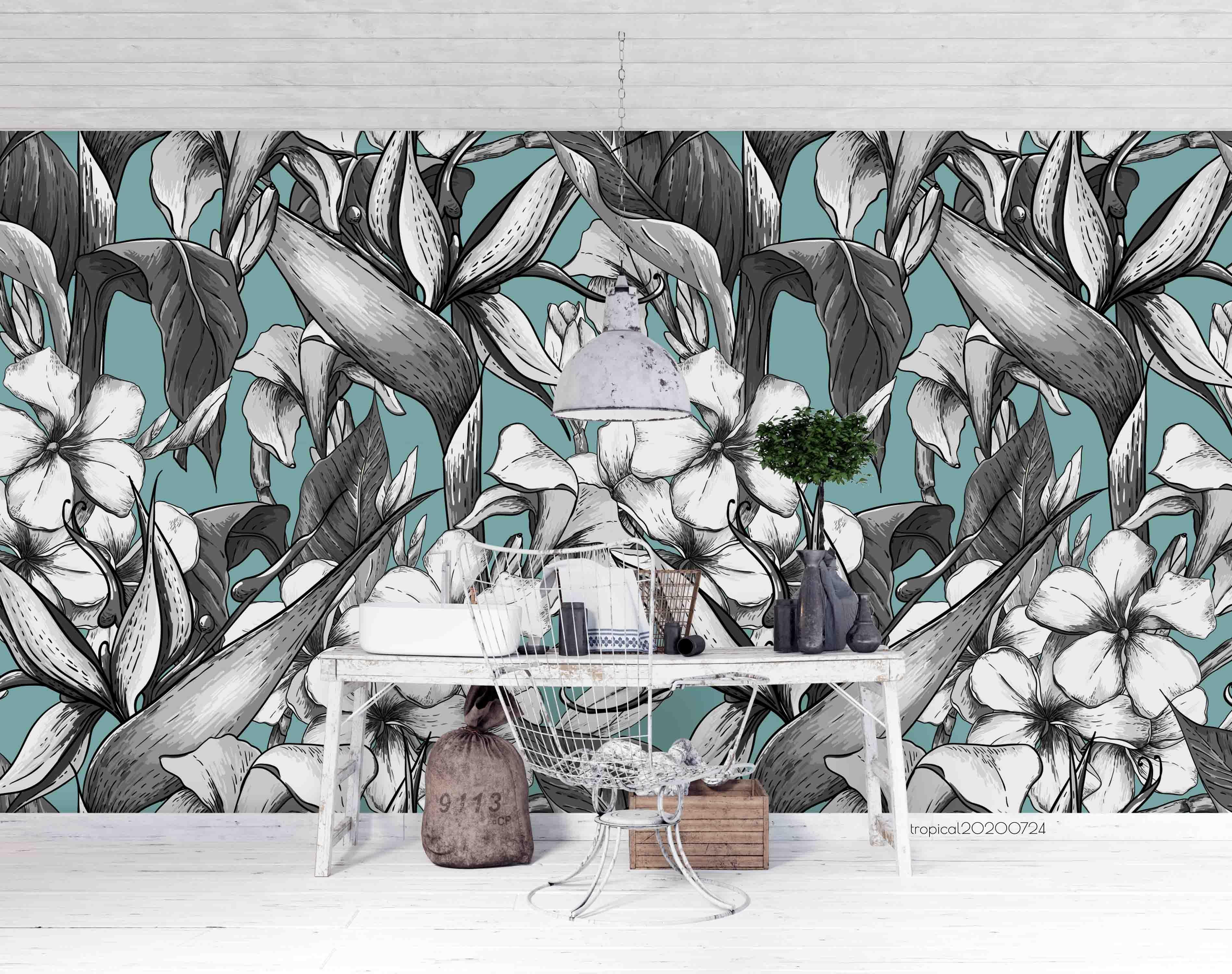 3D Hand Sketching Giant Floral Blue Wall Mural Wallpaper LXL 525- Jess Art Decoration