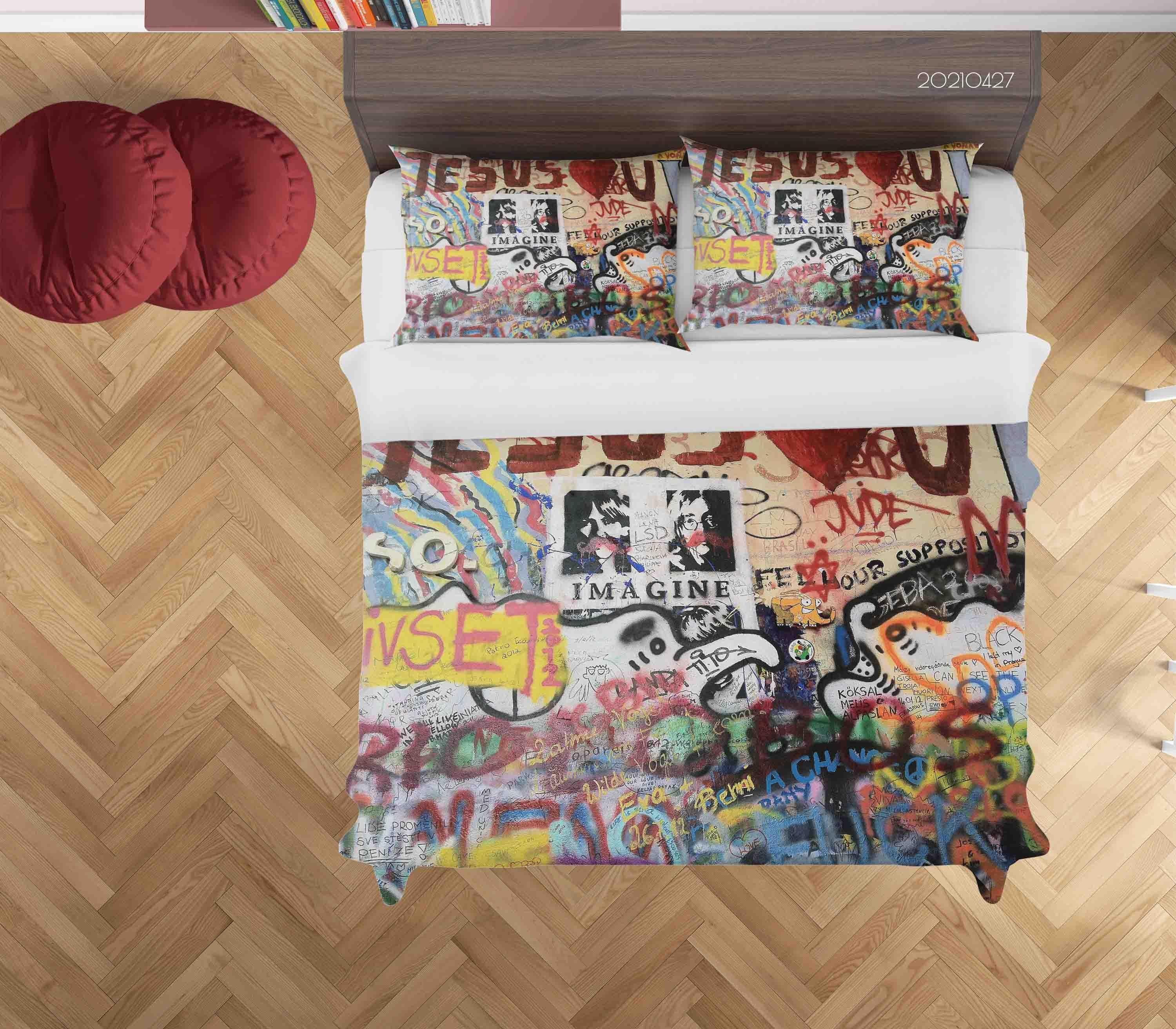 3D Abstract Colored Street Graffiti Quilt Cover Set Bedding Set Duvet Cover Pillowcases 78- Jess Art Decoration