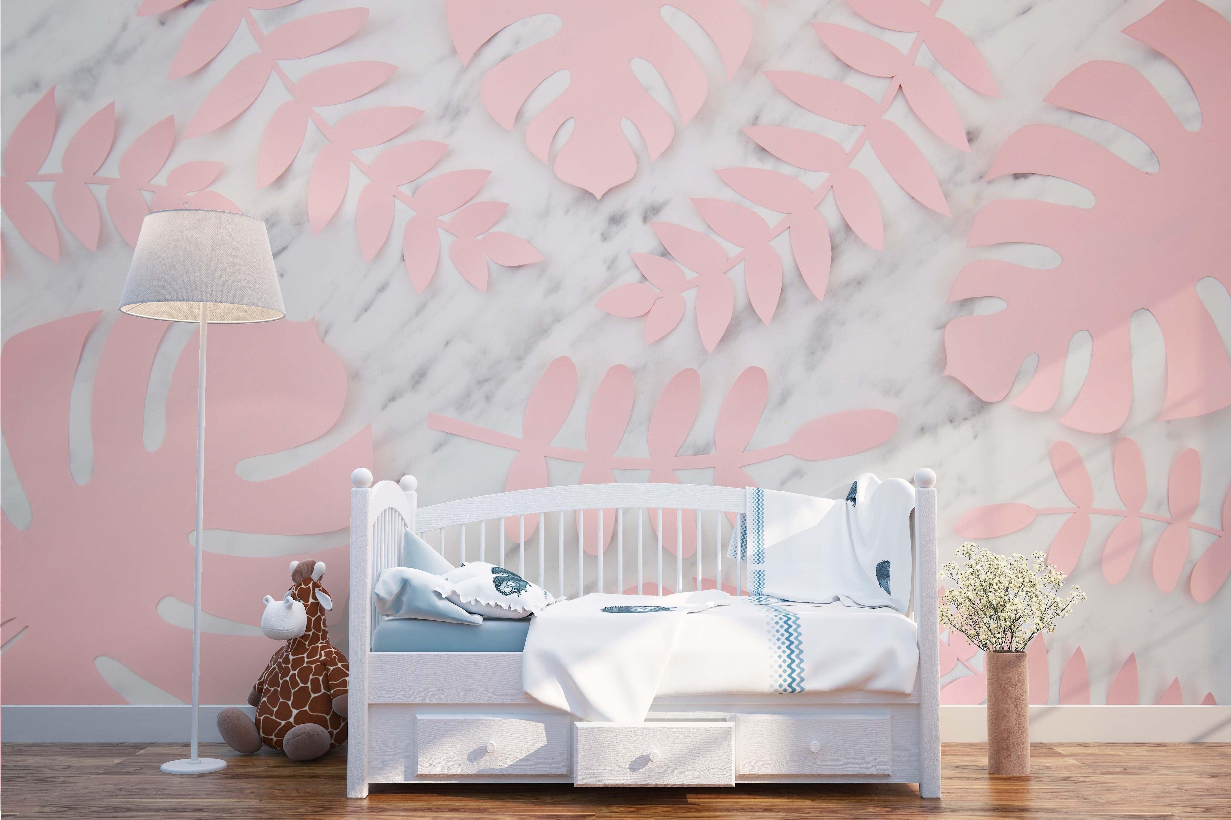 3D Pink Palm Leaves Marble Background Wall Mural Wallpaper 47- Jess Art Decoration