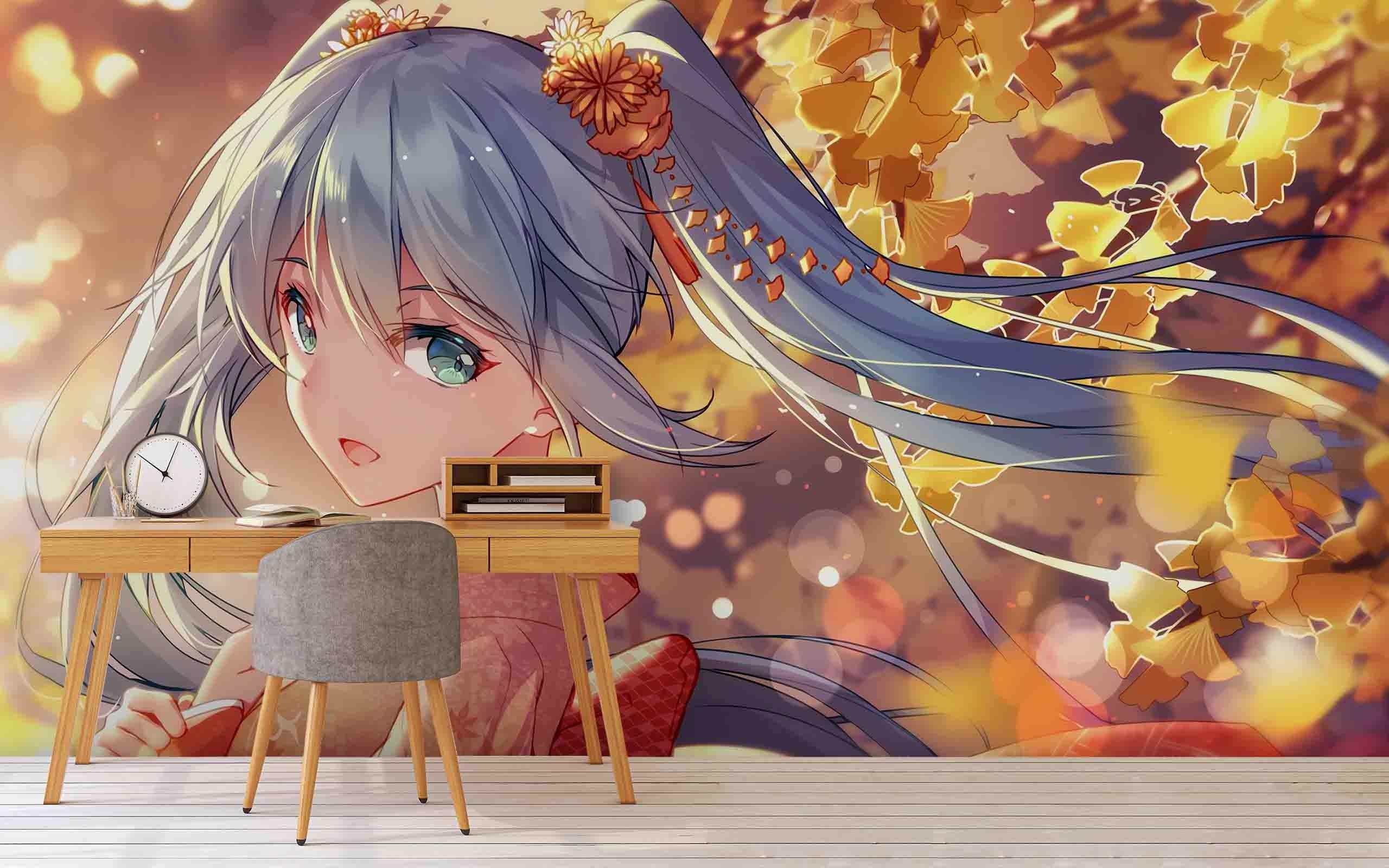 3D Ginkgo Anime Girl ginkgo leaf anime girl mural wall mural wallpaper for bedroom