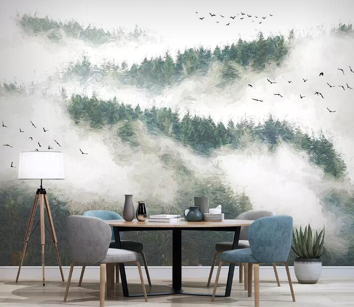 3D Foggy Mountains Forest Mysterious Wall Mural Removable 138- Jess Art Decoration