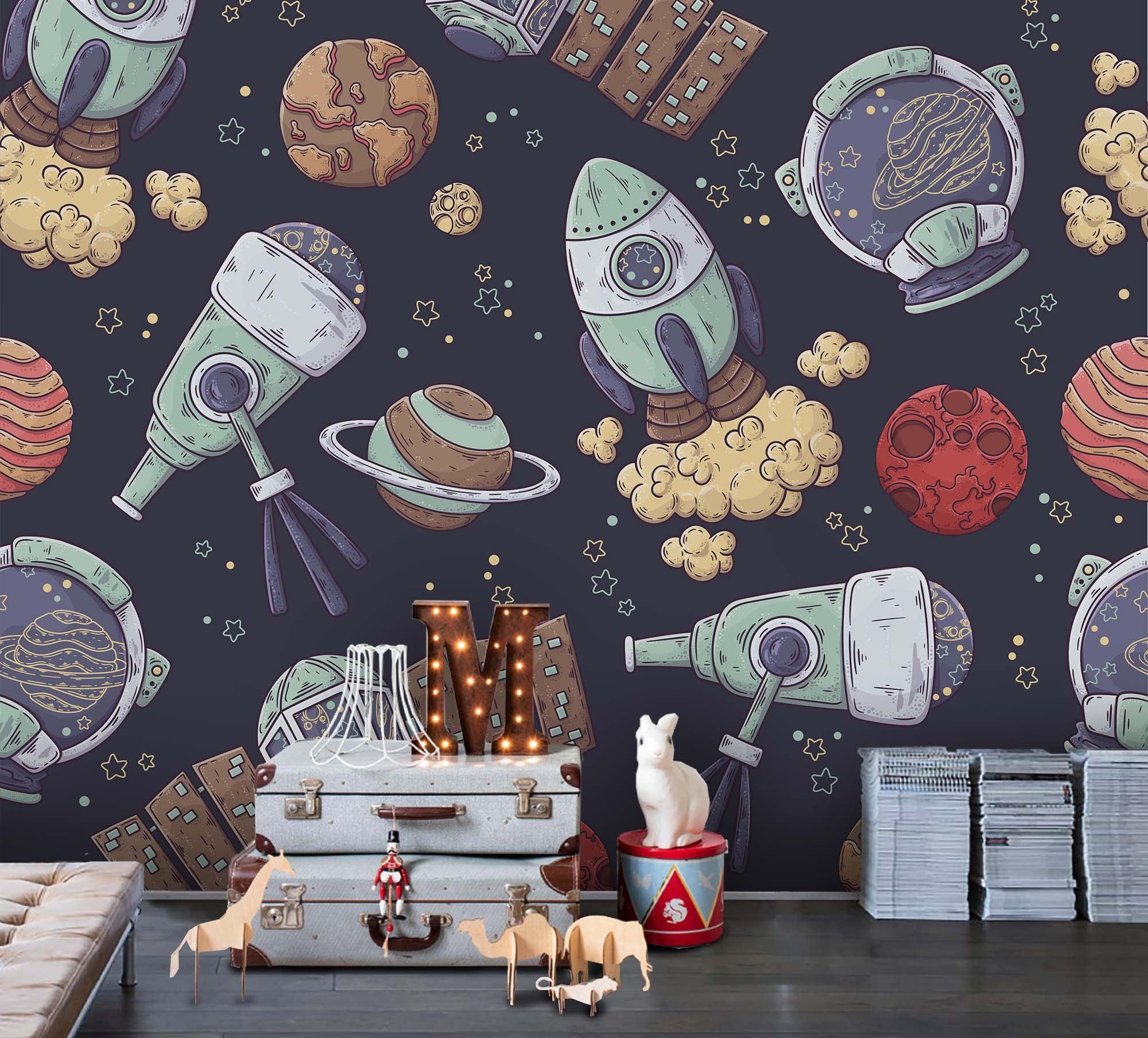 3D Cartoon Space Rocket Planet Wall Mural Wallpaper A204 LQH- Jess Art Decoration