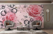 3D Pink Floral Roses Geometry Circle Wall Mural Wallpaper 5074- Jess Art Decoration