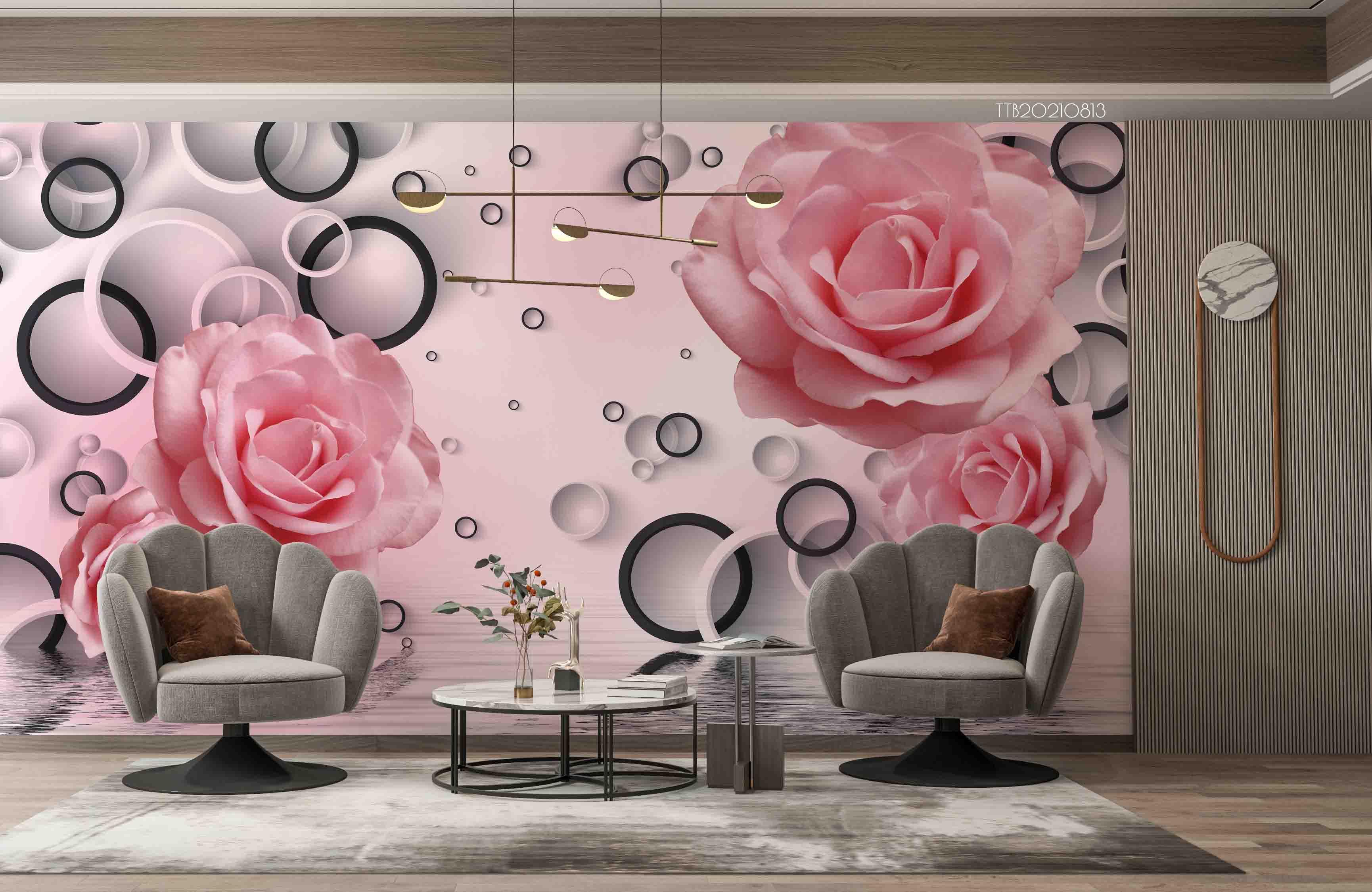 3D Pink Floral Roses Geometry Circle Wall Mural Wallpaper 5074- Jess Art Decoration