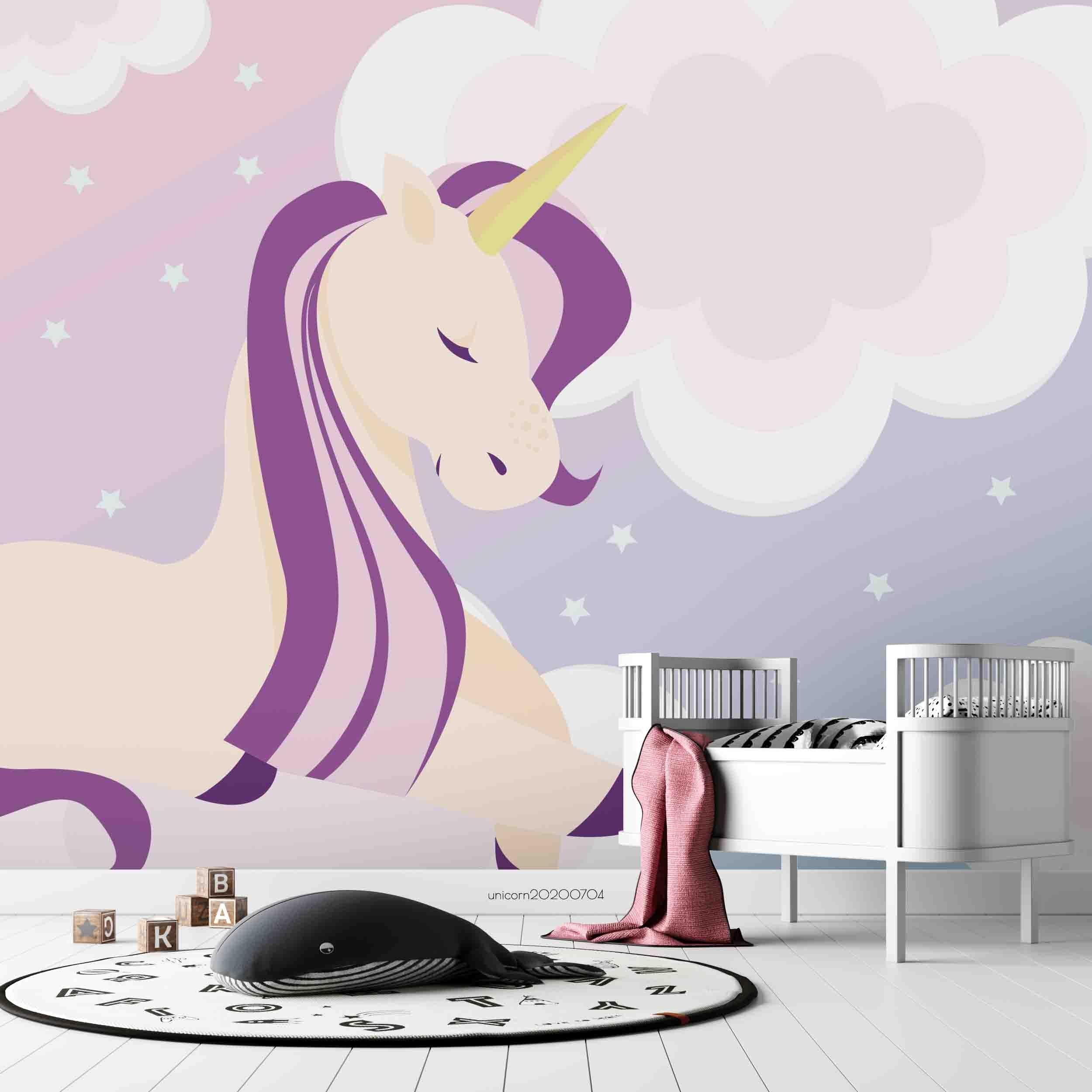 3D Cartoon Unicorn Purple Sky Clouds Wall Mural Wallpaper A029 LQH- Jess Art Decoration