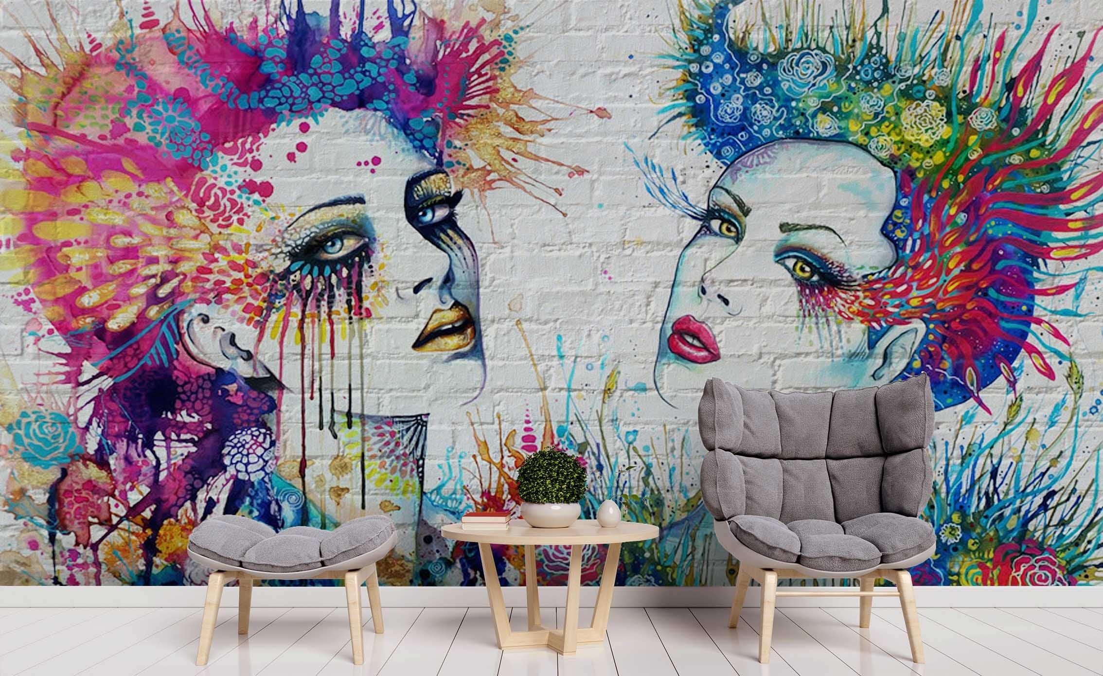 3D White Brick Graffiti Faces colourful graffiti face mural wall mural wallpaper for living room